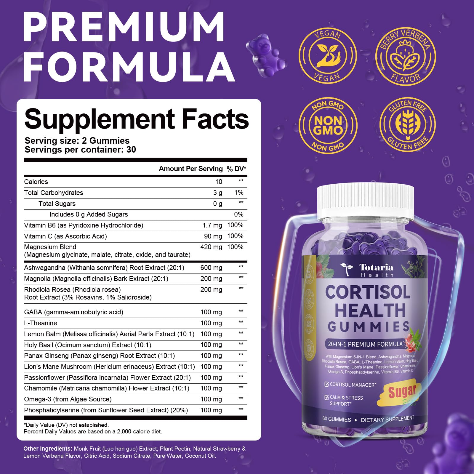 Cortisol Supplements for Women & Men 20-in-1 Cortisol Gummies with Ashwagandha Rhodiola Rosea Magnesium Phosphatidylserine Calm Focus Mood Support Healthy Cortisol Levels 30 Day Supply Totaria Au supplements