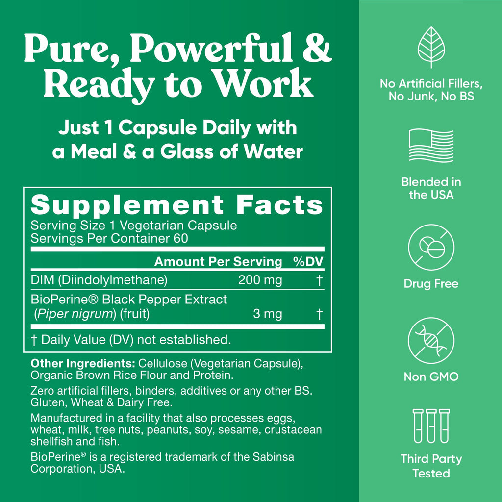 DIM Supplement Pure 200 Mg for Women or Men – Estrogen Hormone Balance Supplement for Energy, Fatigue, Stress, Menopause, Hot Flashes – Enhanced Bioavailability BioPerine – 60 Vegan Soft Capsules Eu Natural Au supplements