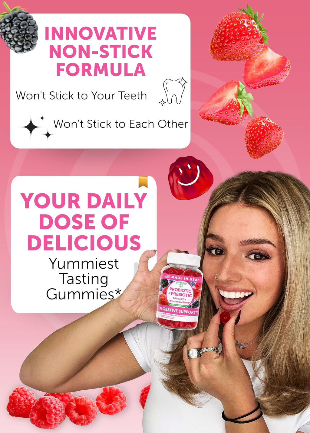 Lunakai USA Made Prebiotic + Probiotic Gummies for Women and Men - High Potency 5 Billion CFUs with Fibers