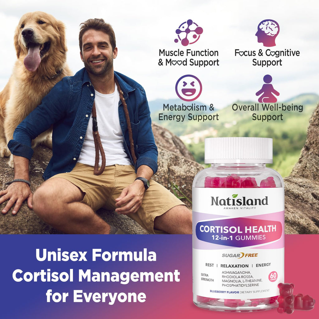 Cortisol Gummies, 12-in-1 Cortisol Reducer, with Magnesium Glycinate, Ashwagandha, L-Theanine, Phosphatidylserine, Vitamin B6 & D3, Rhodiola Rosea, for Men & Women, Sugar-Free, Vegan, NON-GMO, 60CT NATISLAND Au supplements