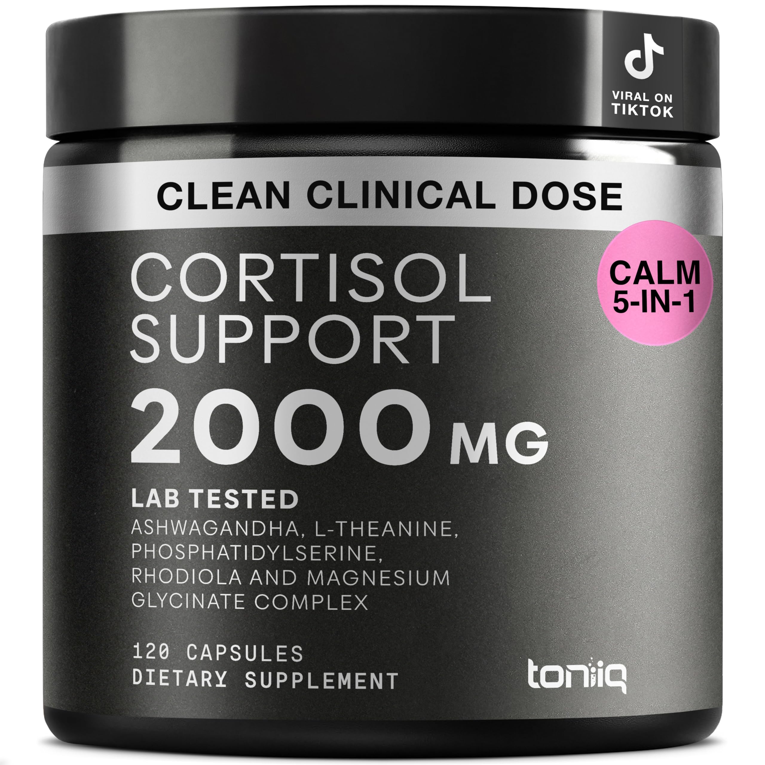 Cortisol Supplement for Women and Men — Calm, Balanced-Strength 5-in-1 Non-Drowsy, Third-Party Tested with Magnesium Glycinate, Ashwagandha, L-Theanine, Phosphatidylserine, Rhodiola — 120 Capsules Toniiq Au supplements