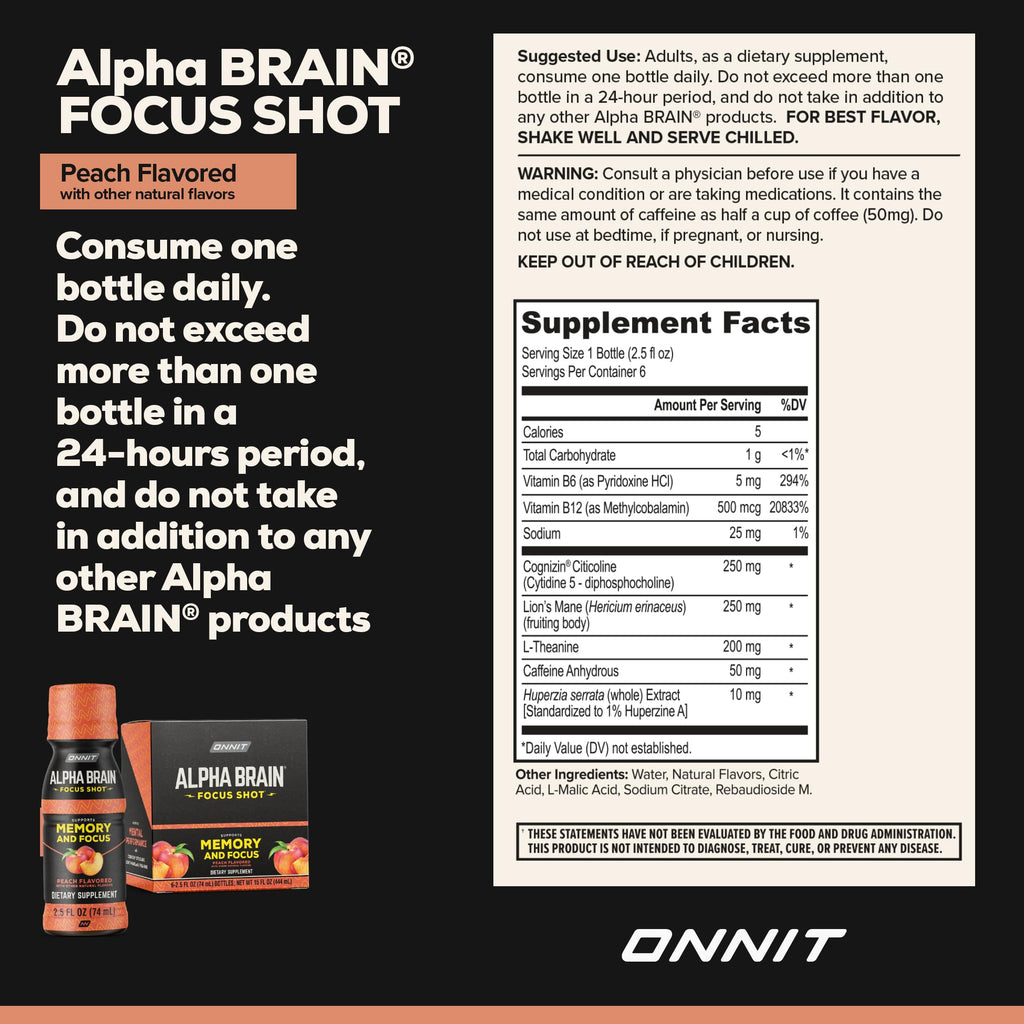 ONNIT Alpha Brain Focus Shot, Peach Flavor, Nootropic Dietary Supplement Drink That Supports Energy, Focus, and Mood, IGEN™ Non-GMO Tested, 2.5 fl oz, 6 Count ONNIT Au supplements