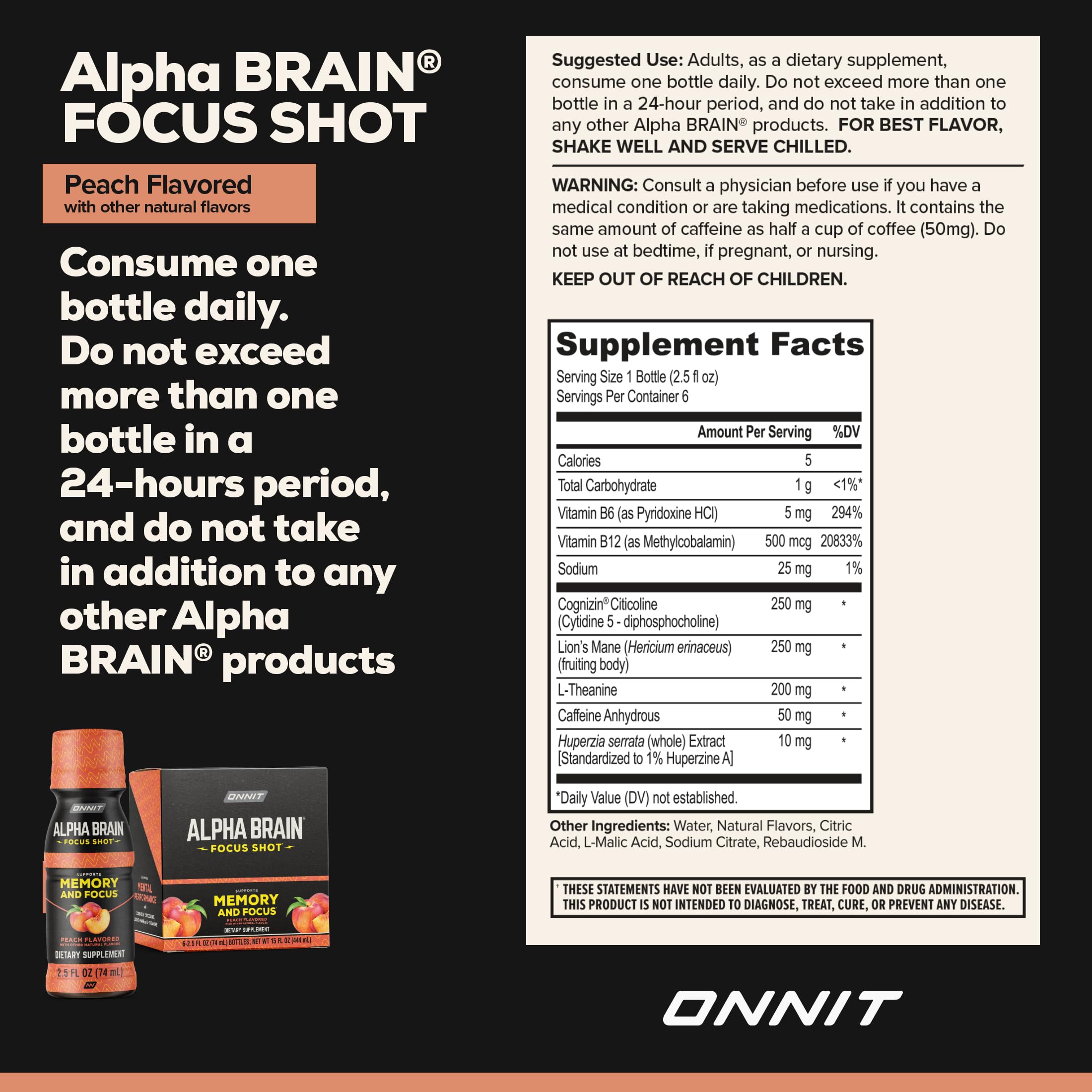 ONNIT Alpha Brain Focus Shot, Peach Flavor, Nootropic Dietary Supplement Drink That Supports Energy, Focus, and Mood, IGEN™ Non-GMO Tested, 2.5 fl oz, 6 Count ONNIT Au supplements
