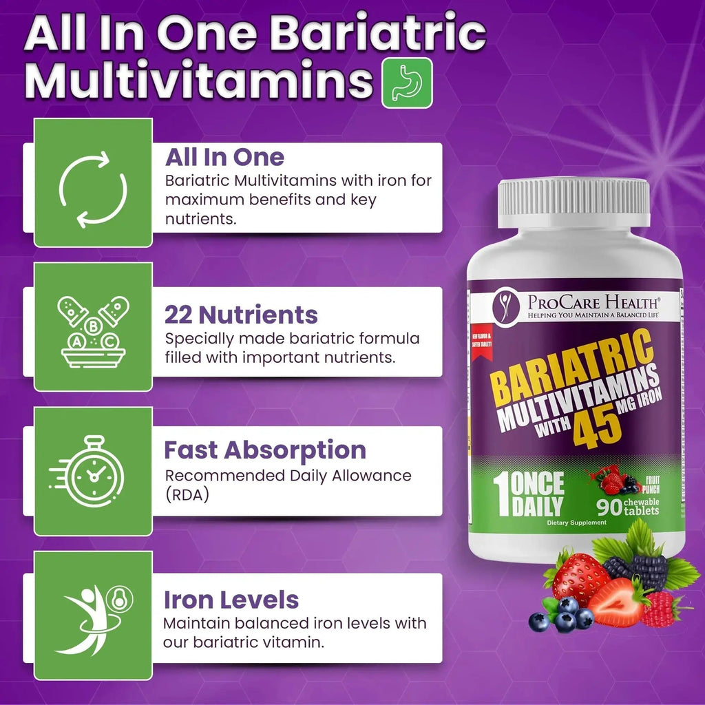 Procare Health Bariatric Multivitamin with Iron 45mg Chewable (90 Tablets) - Fruit Punch Flavor Bariatric Multivitamin Chewable Pills for Gastric Bypass ProCare Health Au supplements