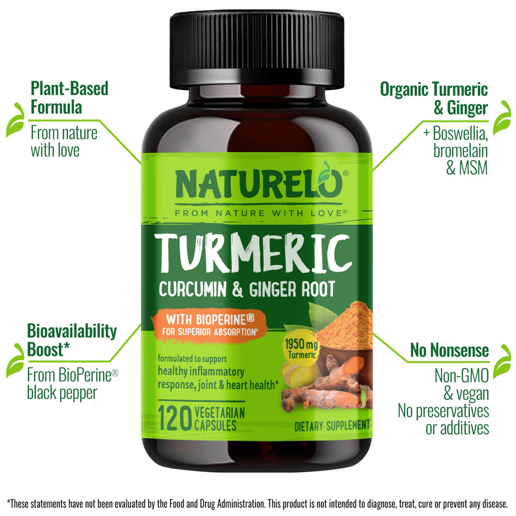 NATURELO Turmeric Curcumin - BioPerine for Better Absorption - Black Pepper, Ginger Root, Curcuminoids - Plant-Based Joint Discomfort Support