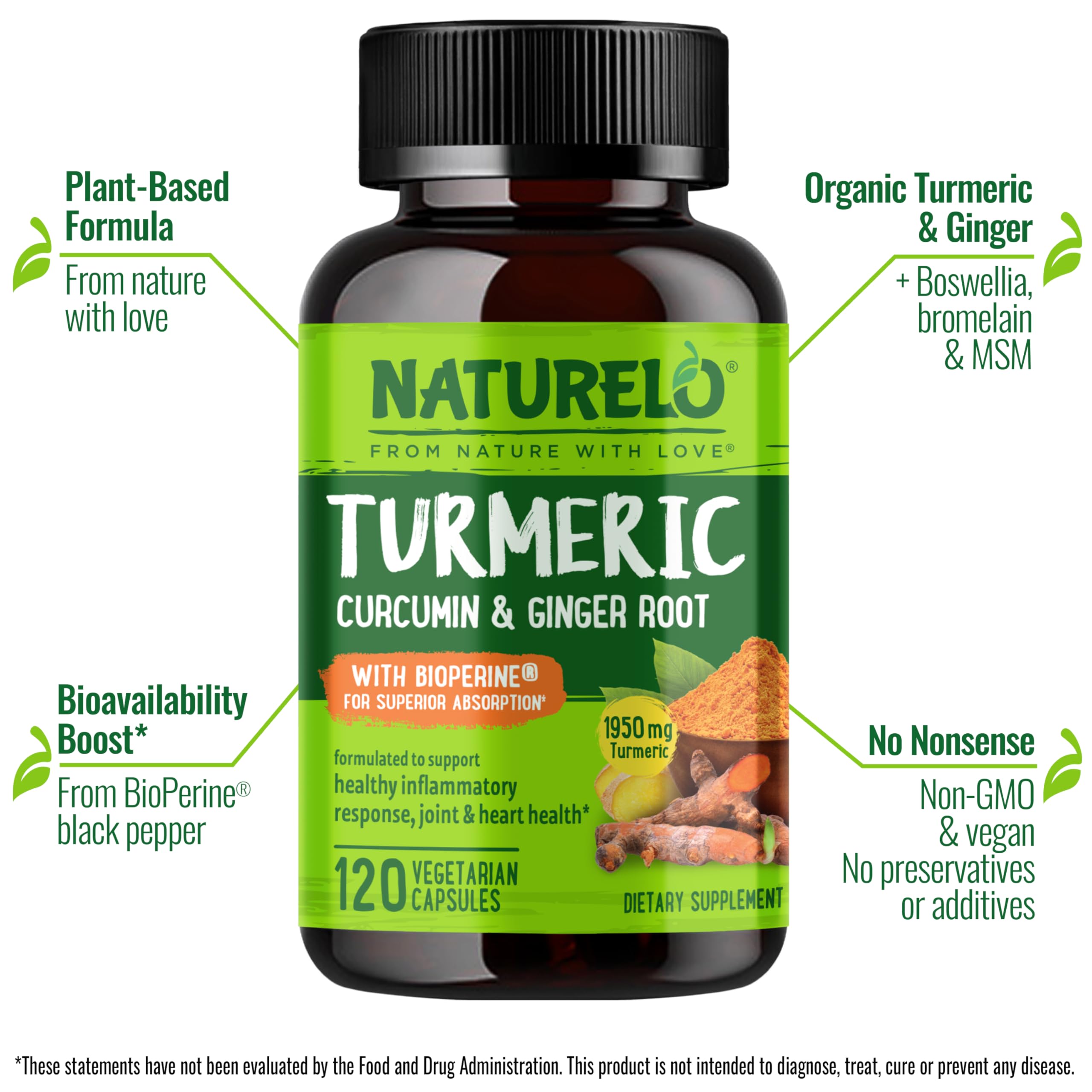 NATURELO Turmeric Curcumin - BioPerine for Better Absorption - Black Pepper, Ginger Root, Curcuminoids - Plant-Based Joint Discomfort Support