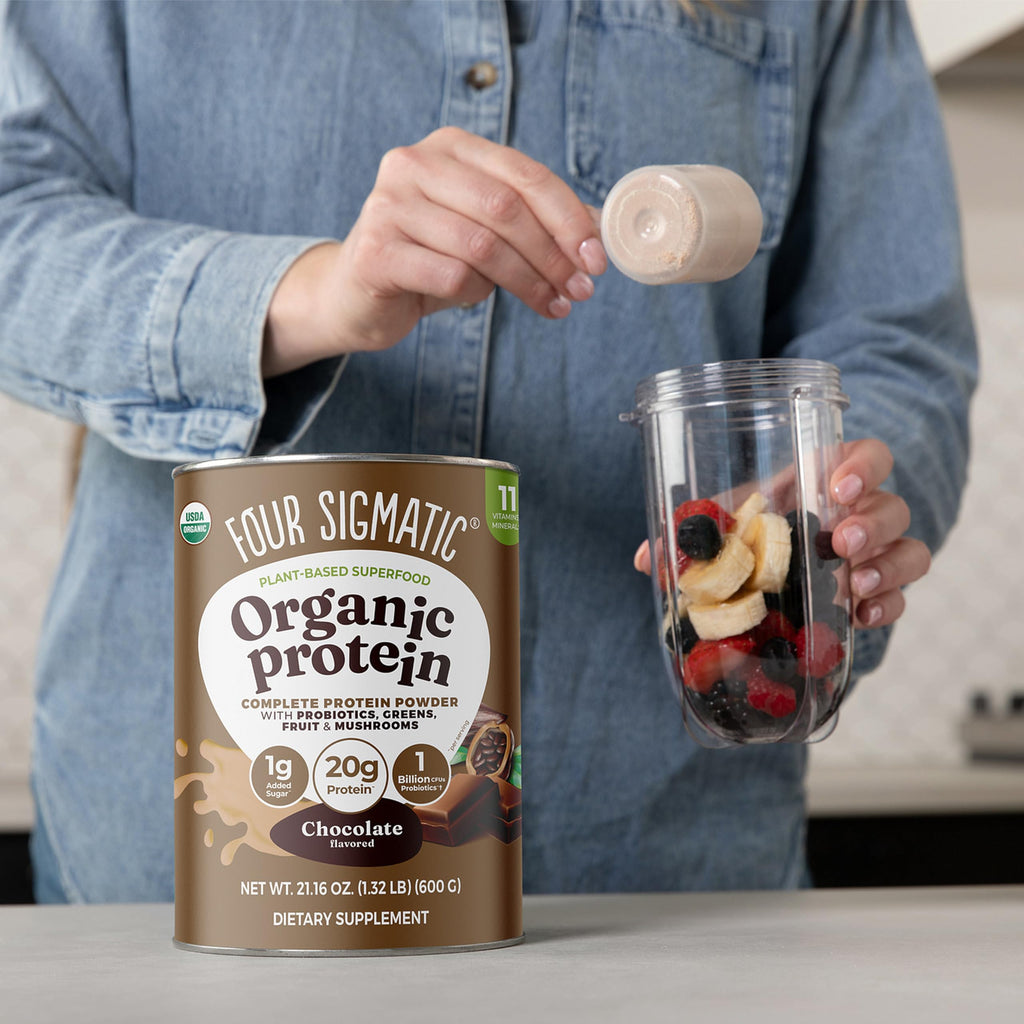 Four Sigmatic Organic Plant-Based Protein Powder | Clean Vegan Protein Elevated with Lion’s Mane, Chaga, Cordyceps and More for Brain Function and Immune Support | Creamy Cacao, 21.16 oz