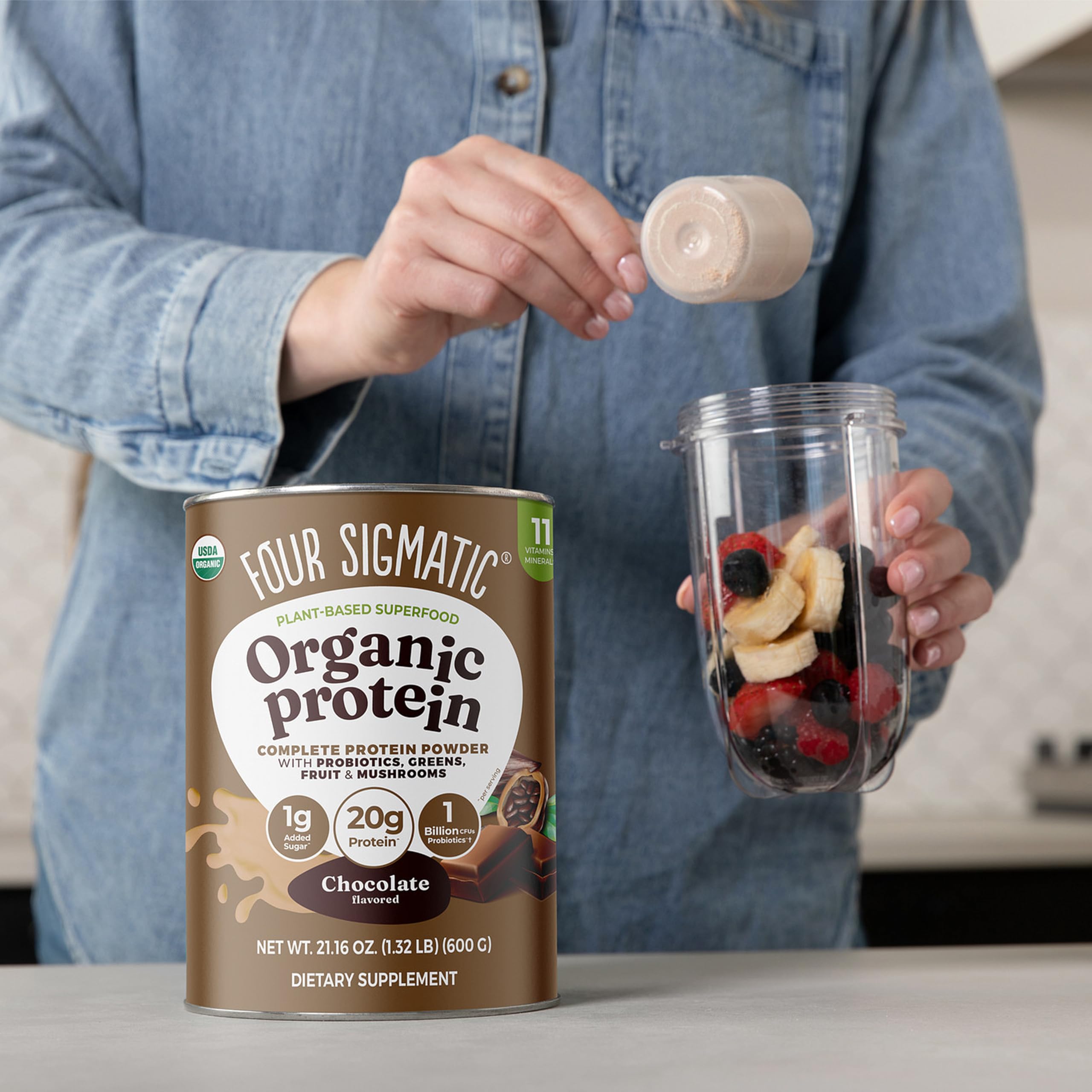 Four Sigmatic Organic Plant-Based Protein Powder | Clean Vegan Protein Elevated with Lion’s Mane, Chaga, Cordyceps and More for Brain Function and Immune Support | Creamy Cacao, 21.16 oz