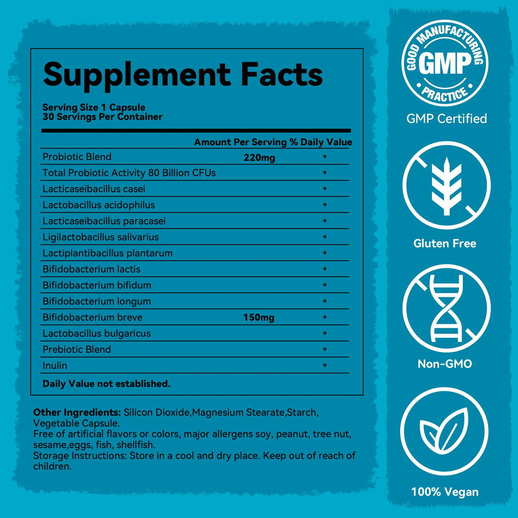 Teelne Probiotics 80 Billion CFU - 10 strains, Prebiotic+ Probiotics Support Digestive & Gut Health, Bloating & Constipation Relief, 30 Capsules (30-Day Supply) Teelne Au supplements