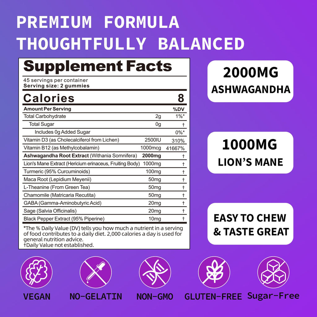 Ashwagandha Gummies - 2000MG Organic Ashwagandha & Lions Mane Gummies for Adults with Vitamin D3 B12, L-Theanine, Cortisol Supplements for Women & Men, Sugar-Free, Vegan, Berry Flavor - 90 Counts Brixxlor Au supplements
