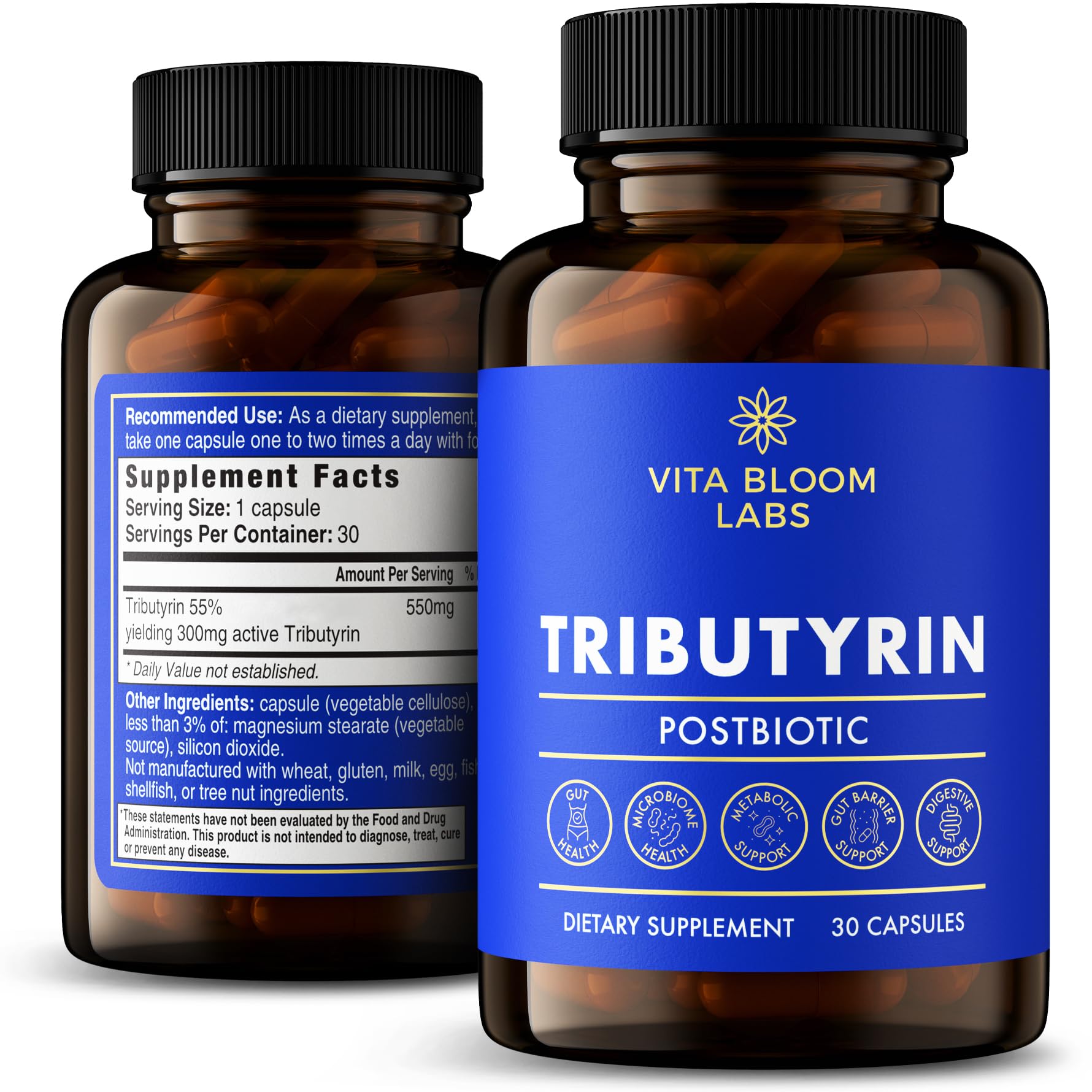 Tributyrin Supplement - Better Delivery & More Effective than Sodium Butyrate - Gut Health & Digestive Support - 3-in-1 Butyrate Postbiotics for Leaky Gut & Gut Barrier Support - 30 Capsules Vita Bloom Labs Au supplements