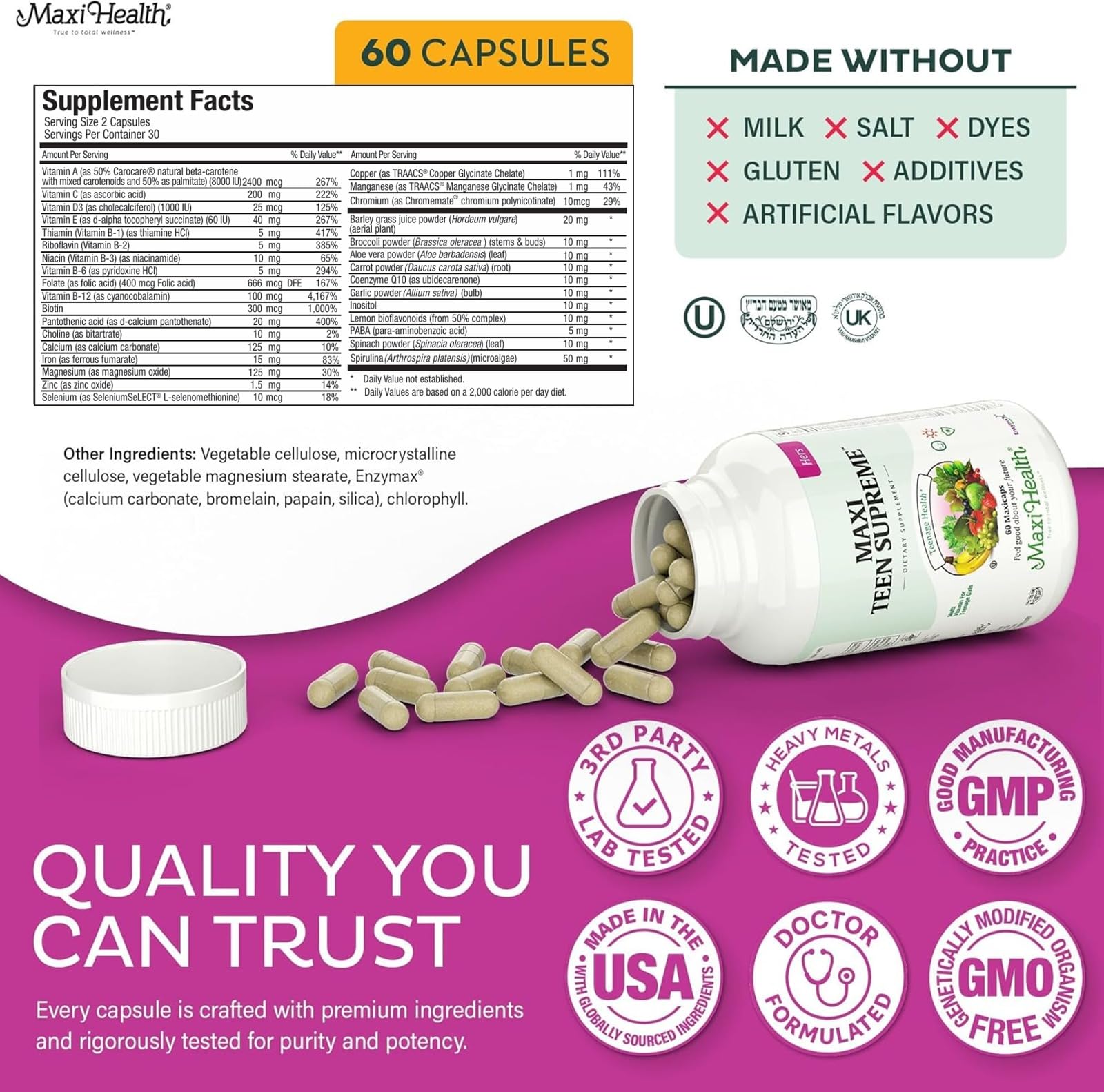 Teen Vitamins for Girls 12-17 - Teen Multivitamin Supreme with D3, Iron, Calcium, Biotin, Digestive Enzymes – Teenager Girl Multi Vitamins for Energy,