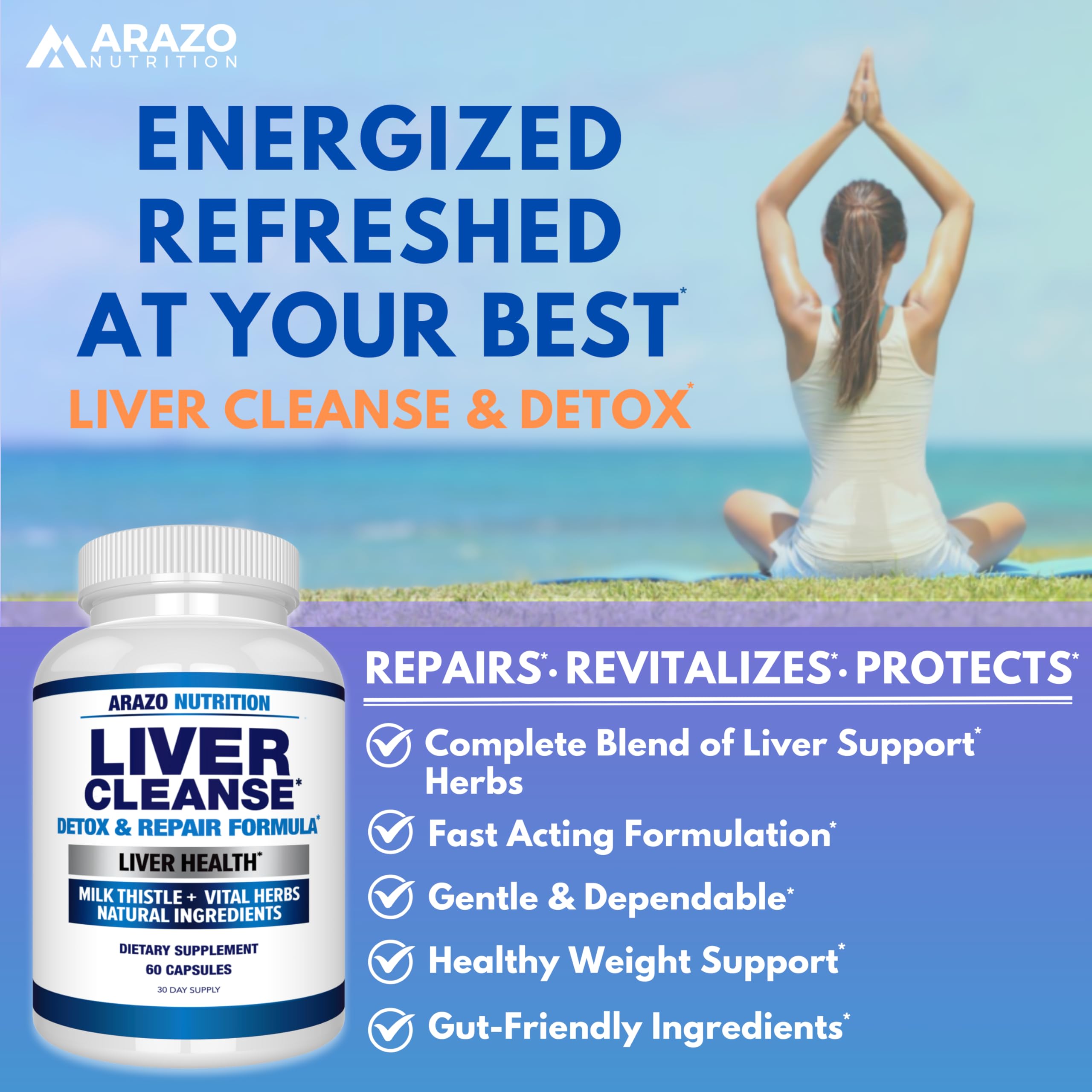 Arazo Nutrition Liver Cleanse Detox & Repair Formula – Milk Thistle Herbal Support Supplement: Silymarin, Beet