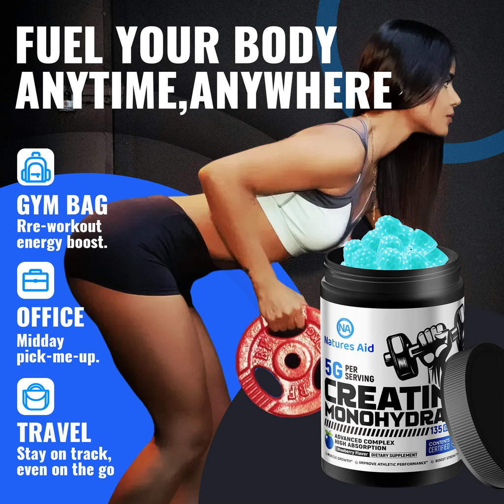 Natures Aid NSF Certified Creatine Gummy 5g - Creatine Monohydrate Gummies – Pre-Workout Energy & Muscle Growth Support for Men & Women