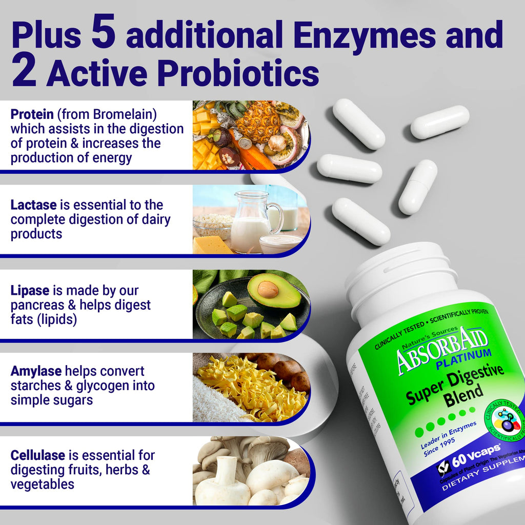 AbsorbAid Platinum Digestive Enzyme Support 60 vCaps, 12 Digestive Enzymes Plus 2 Probiotics for Maximum Relief
