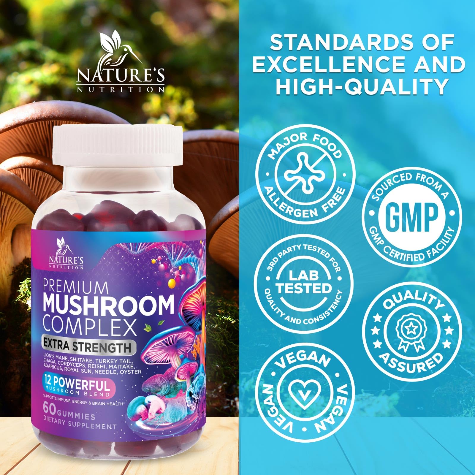 Mushroom Gummies Supplement 12 in 1 - High Grade Blend for Adults with Lions Mane, Reishi, Cordyceps, & Chaga Mushroom Complex Gummy, Memory & Immune Support & Nootropic Brain Supplements - 60 Gummies Nature's Nutrition Au supplements