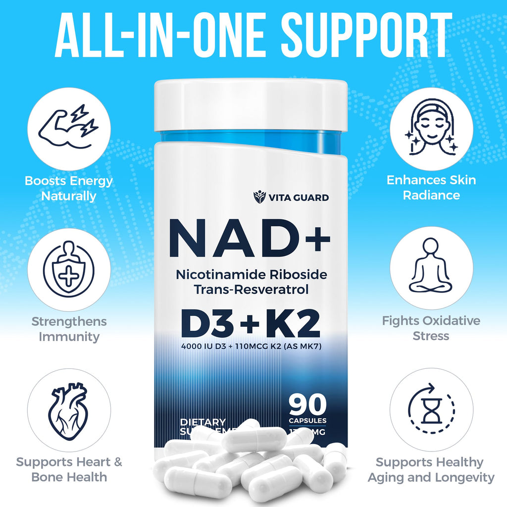 Anti-Aging Energy NAD Supplement – NMN Alternative with Nicotinamide Riboside 1000mg, Trans-Resveratrol 300mg, Vitamin D3 4000 IU and K2 110 mcg MK7 – Vegetarian 60 Capsules, 1300mg Vita Guard Au supplements