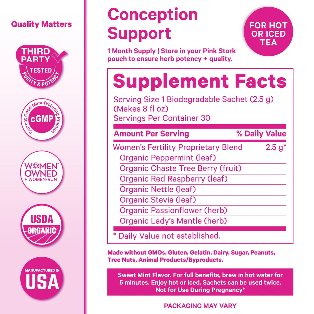 Pink Stork Organic Fertility Tea for Women | Fertility Supplements for Women with Chaste Tree Berry (Vitex) + Red Raspberry Leaf | Hormone Balance Herbal Tea for Conception Support | USDA Organic, Caffeine Free - Sweet Mint, 15 Sachets Pink Stork Au supplements