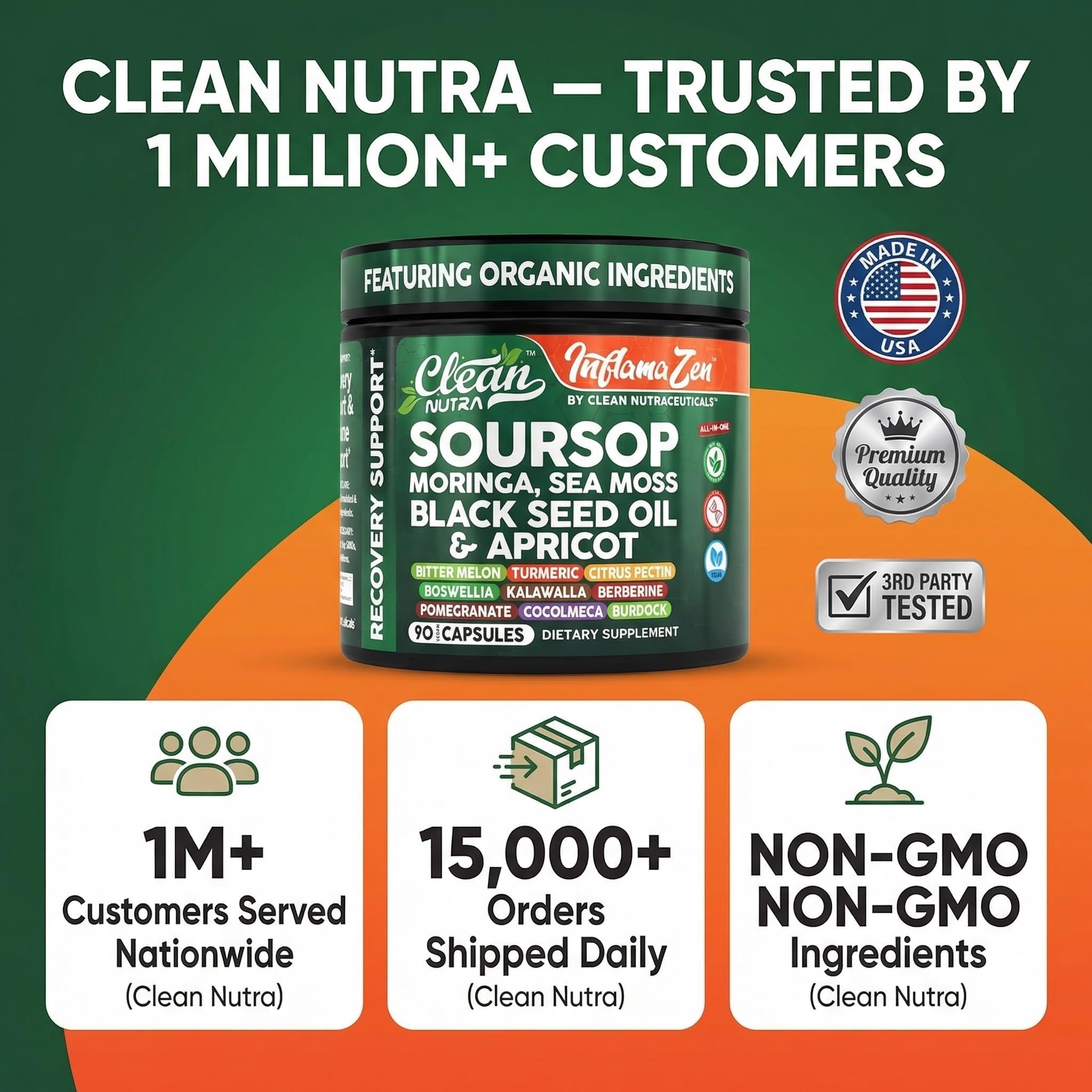 Clean Nutra Soursop Supplement Moringa Sea Moss Black Seed Oil Berberine Turmeric Resveratrol Quercetin Greens Bitters Boswellia Bitter