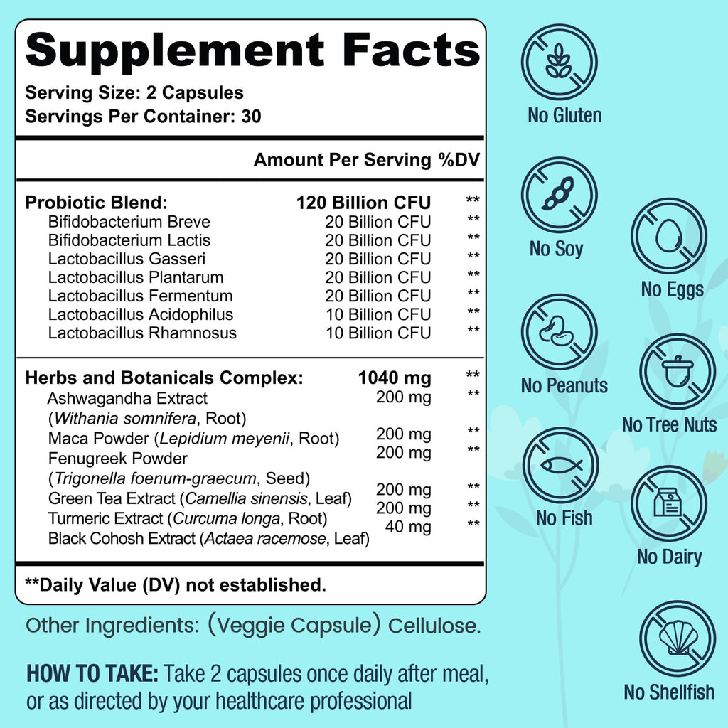 Menopause Supplements for Women, 120 Billion CFU Probiotic, 13-in-1 Herbs Probiotics Complex, for Menopause Relief, Hormone Balance, Hot Flashes, Night Sweats, Mood Swings, Gut & Immunity - 60 Capsule Dmeisy Au supplements