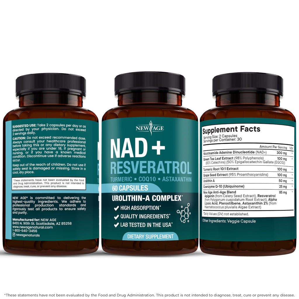 NEW AGE NAD+ Supplement Complex – NAD+ 300 mg with Astaxanthin, Urolithin A, Resveratrol, CoQ10 & Antioxidant Blend – Cellular Energy, Support or Women & Men – Vegan, Non-GMO- 120 Count NEW AGE Au supplements