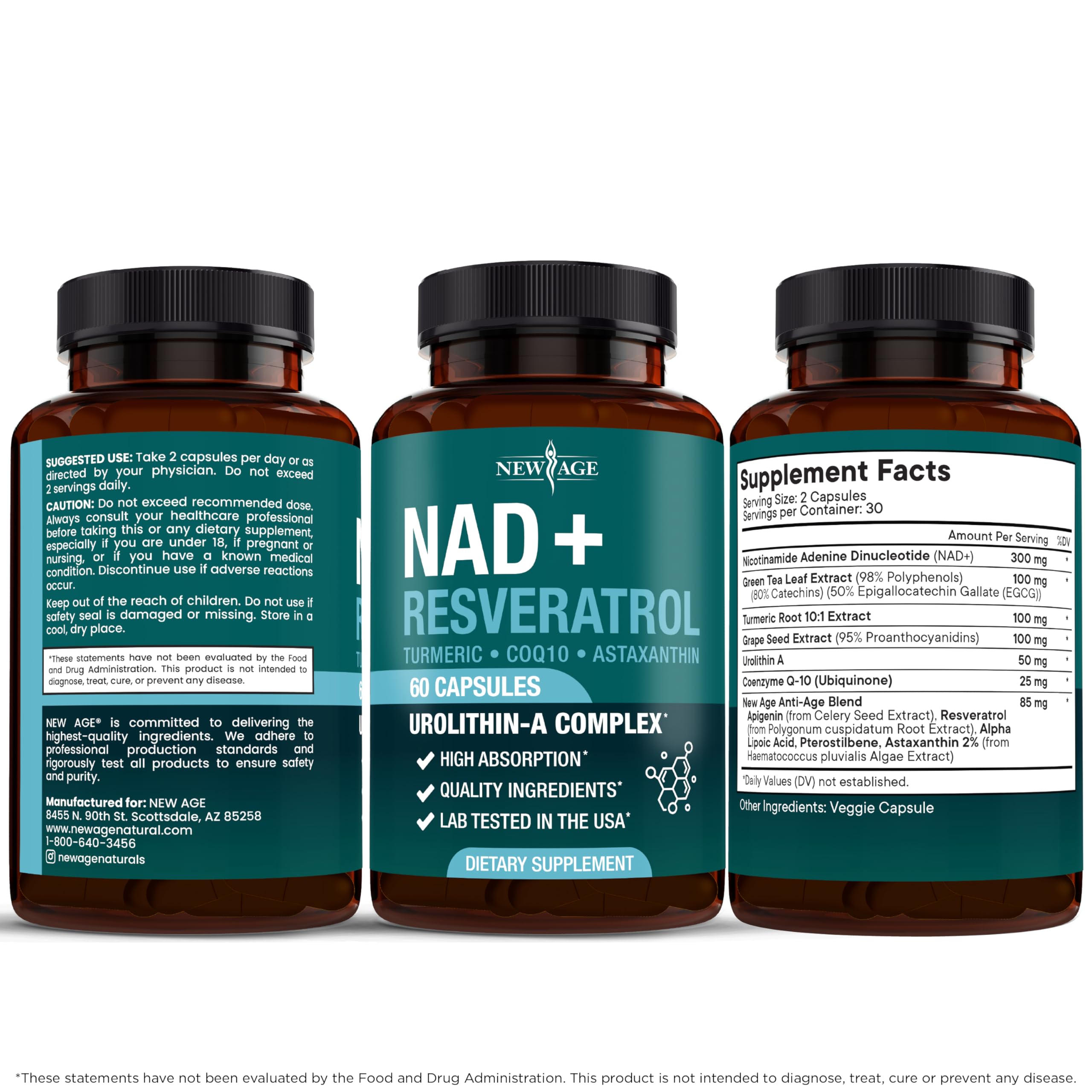 NEW AGE NAD+ Supplement Complex – NAD+ 300 mg with Astaxanthin, Urolithin A, Resveratrol, CoQ10 & Antioxidant Blend – Cellular Energy, Support or Women & Men – Vegan, Non-GMO- 120 Count NEW AGE Au supplements