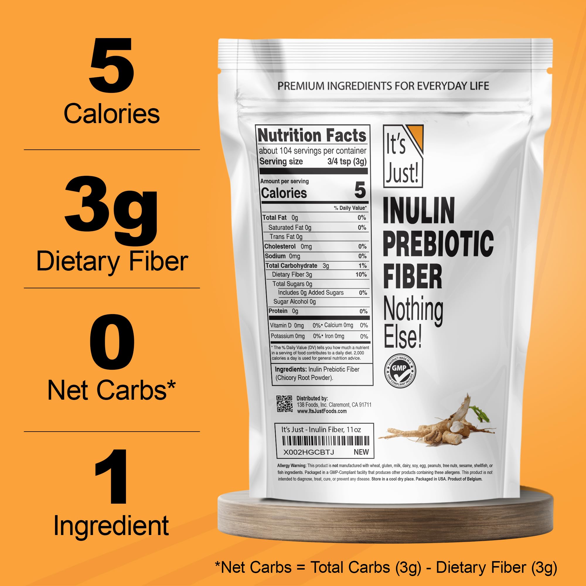 It's Just! - Inulin Prebiotic Fiber, Water Soluble, Chicory Root Powder, Promotes Gut Health, Made in USA, Product of Belgium, Vegan/Keto Friendly