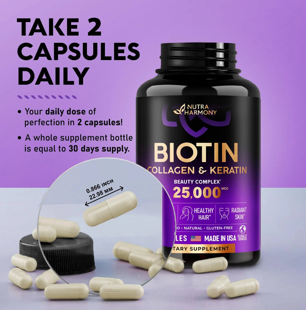 Biotin | Collagen | Keratin | Hyaluronic Acid - Hair Growth Support Pills, 25000 mcg NUTRAHARMONY Au supplements