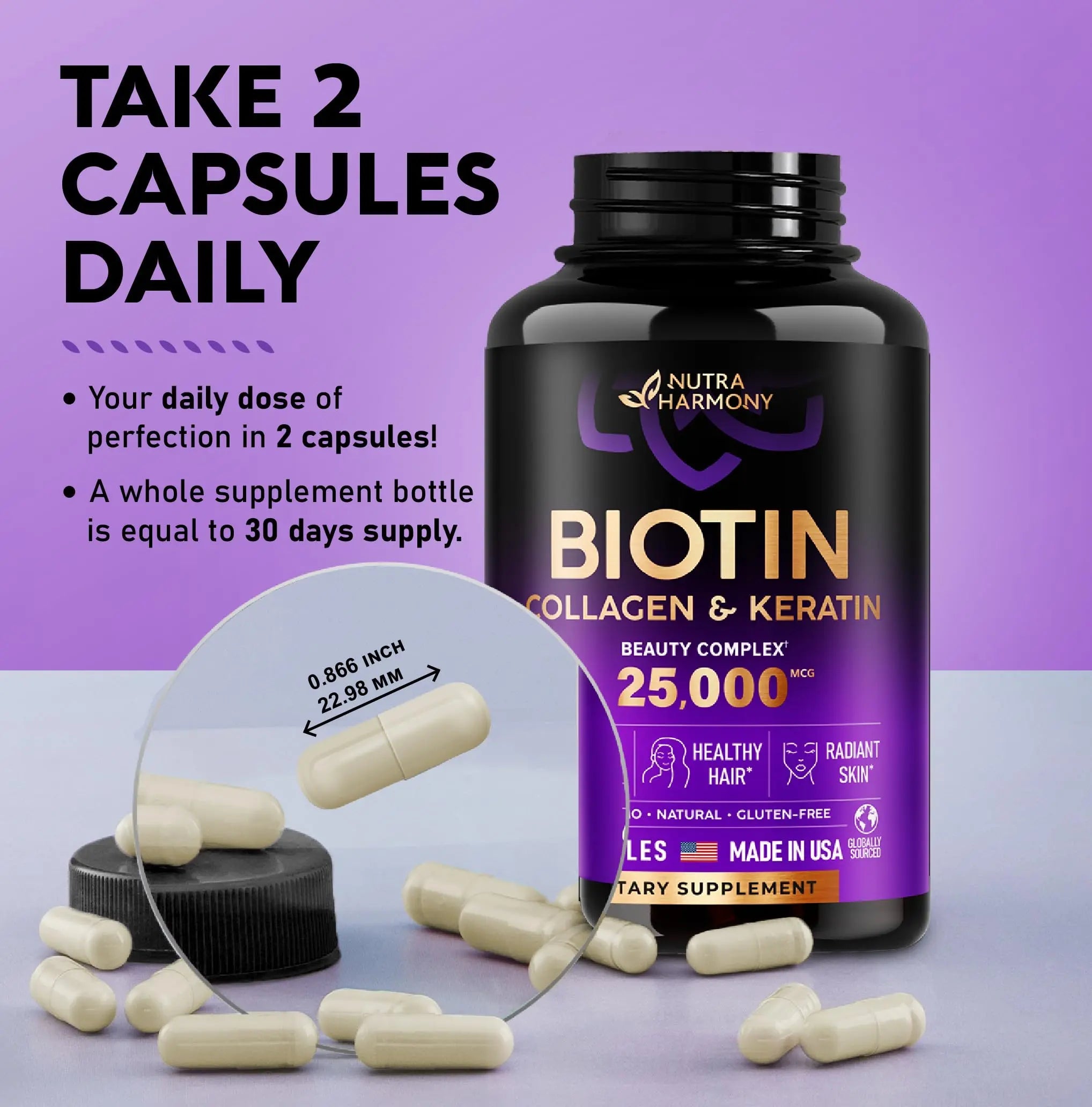 Biotin | Collagen | Keratin | Hyaluronic Acid - Hair Growth Support Pills, 25000 mcg NUTRAHARMONY Au supplements