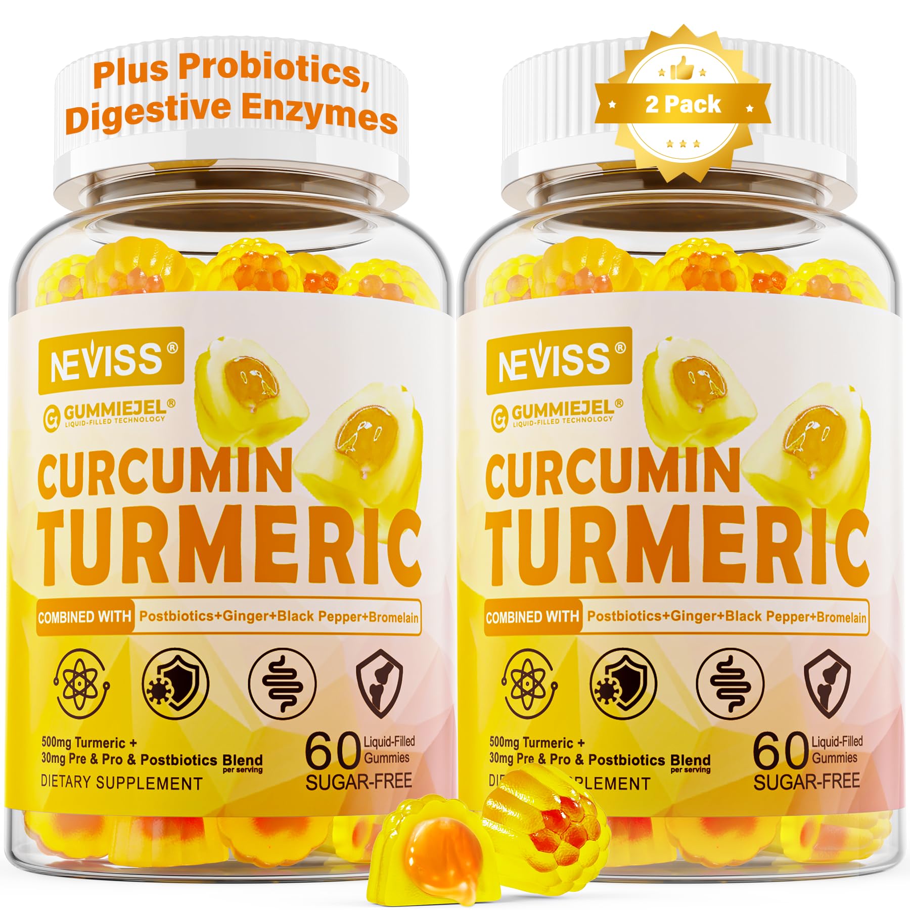 Sugar Free Turmeric Curcumin Filled Gummies 550mg for Adults, Ginger & Black Pepper | 95% Curcuminoids w/Prebiotic Probiotic & Postbiotic Blend, Support, Immune & Digestive Health, Vegan, 2Pack NEVISS Au supplements