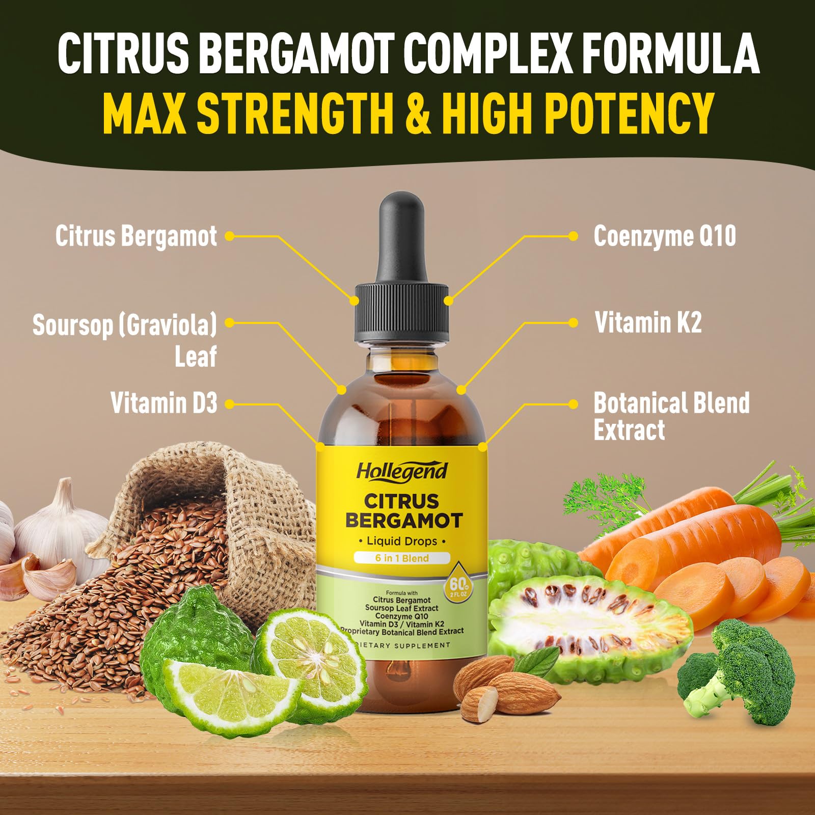 HOLLEGEND Citrus Bergamot Liquid Drops, Organic Citrus Bergamot 1000mg Supplement, Plus Soursop, CoQ10, Vitamin D3, K2,