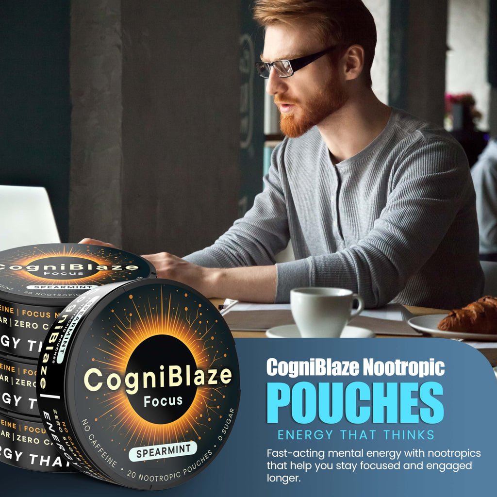 CogniBlaze Nootropic Pouches Caffeine Free (Spearmint) | 80 Focus Pouches for Clarity | 4 Pack (20 Per Can) | Mental Energy Pouches | 25mcg Huperzine A per Nootropic Pouch | Zero Calories CogniBlaze Au supplements
