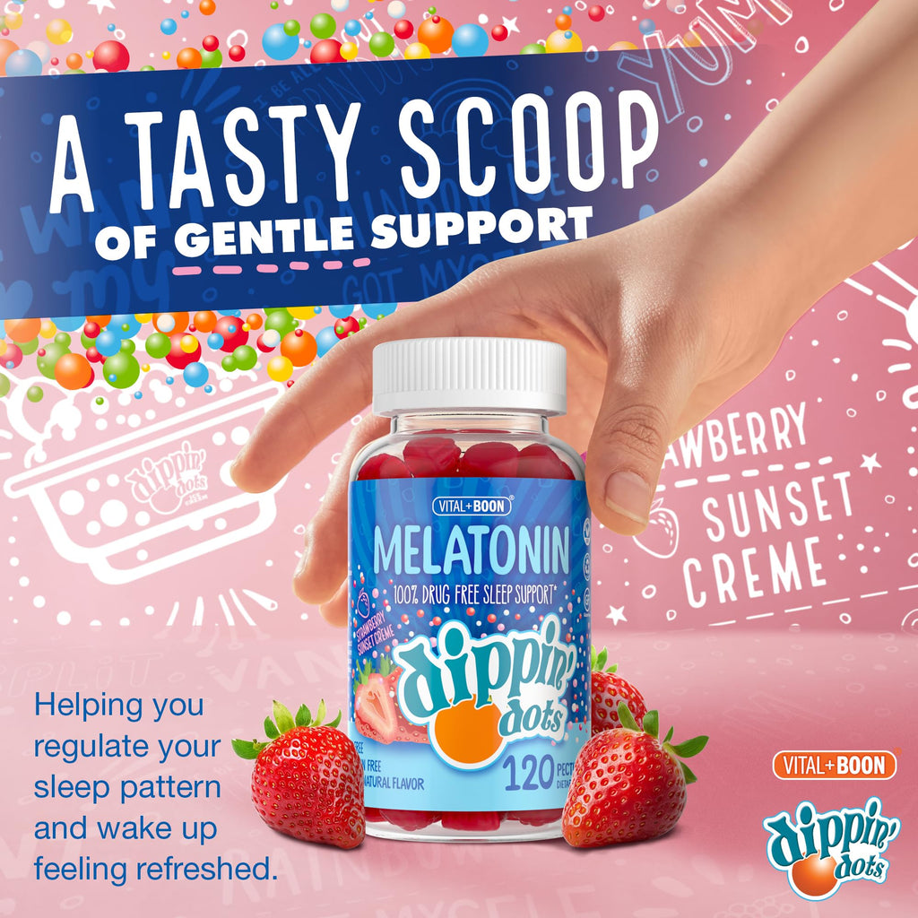 Dippin Dots - Melatonin Gummies for Kids & Adults (60 Days Supply) Strawberry Sunset Creme Flavor | 2.5mg Per Kids Melatonin Supplement for Faster,