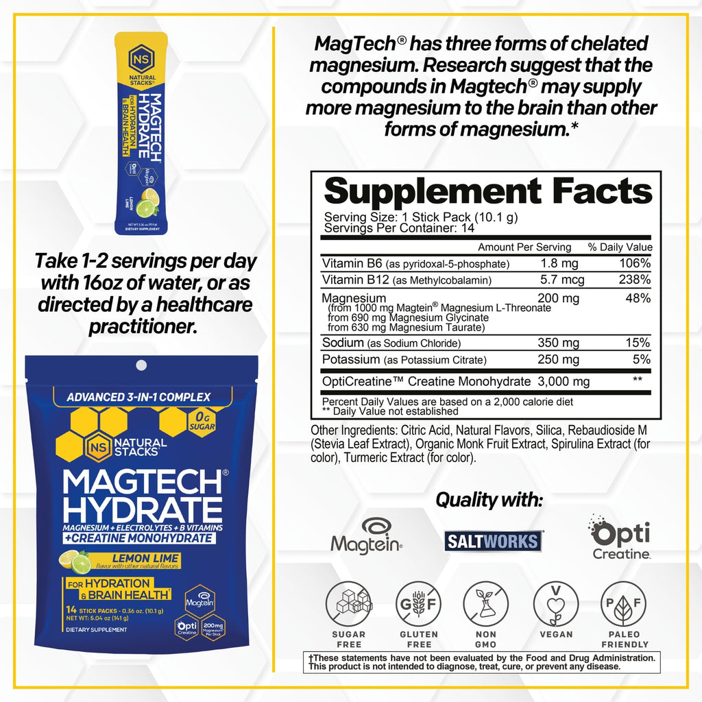 Magtech Magnesium Capsules + Hydration Creatine Powder Lemon Lime Bundle - 3 Forms of Magnesium - Featuring Magtein L-Threonate - Brain Health & Hydration Support* - 44 Total Servings NATURAL STACKS Au supplements