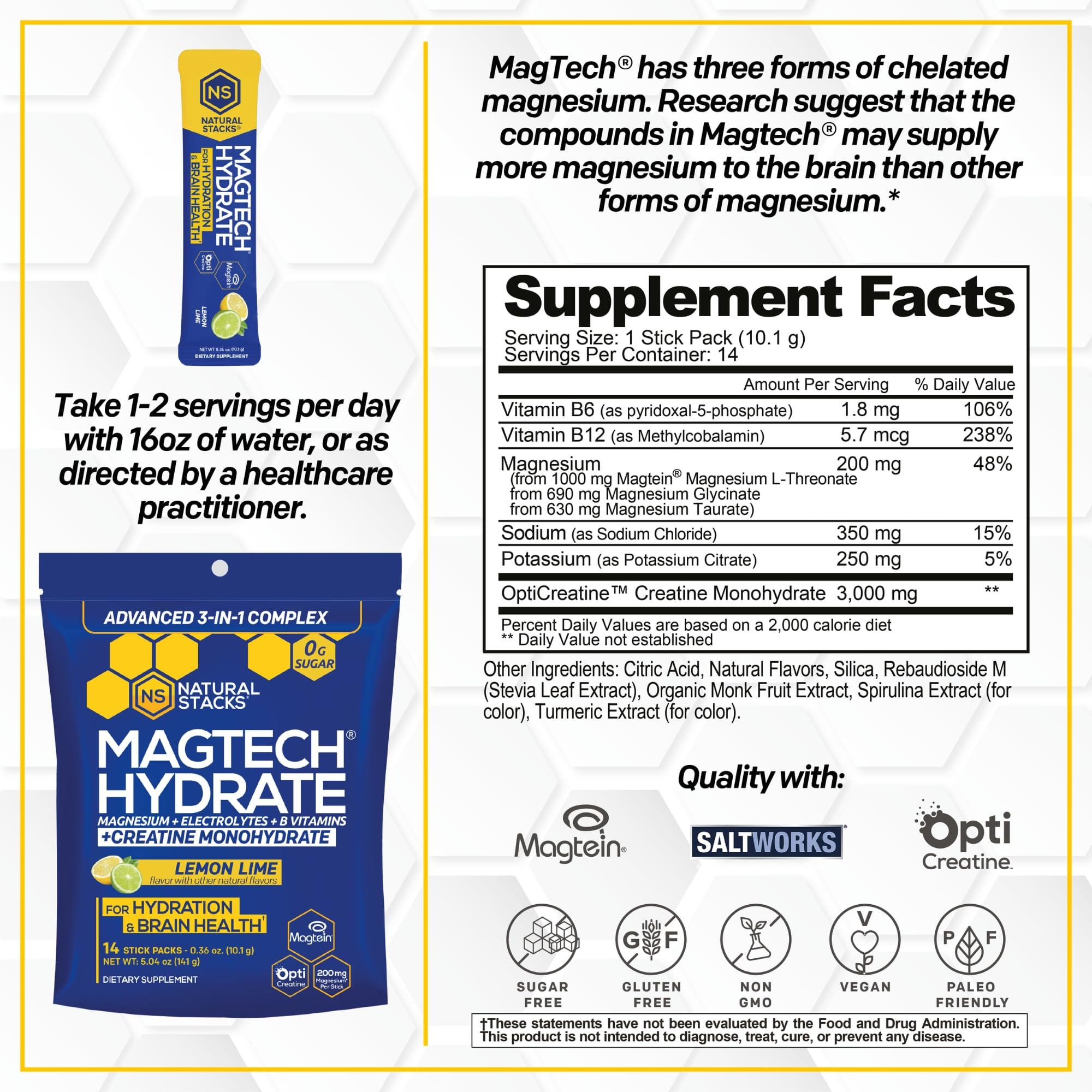 Magtech Magnesium Capsules + Hydration Creatine Powder Lemon Lime Bundle - 3 Forms of Magnesium - Featuring Magtein L-Threonate - Brain Health & Hydration Support* - 44 Total Servings NATURAL STACKS Au supplements
