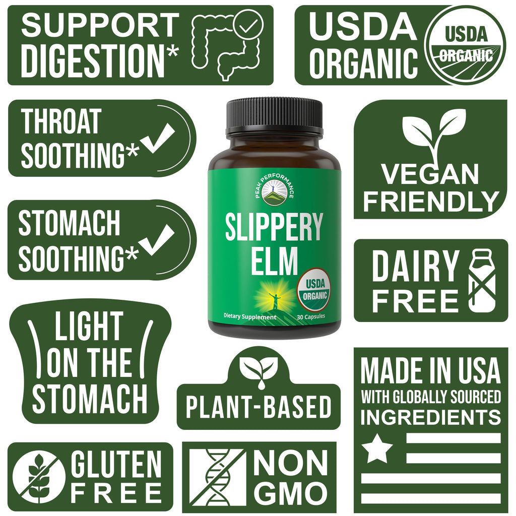 USDA Organic Slippery Elm for Women & Men. Vegan Capsules with Micronized Slippery Elm Bark Powder for Digestion, Bloating Relief, & Gut Lining. Natural Mucilage That Soothes The Throat & Airways Peak Performance Au supplements