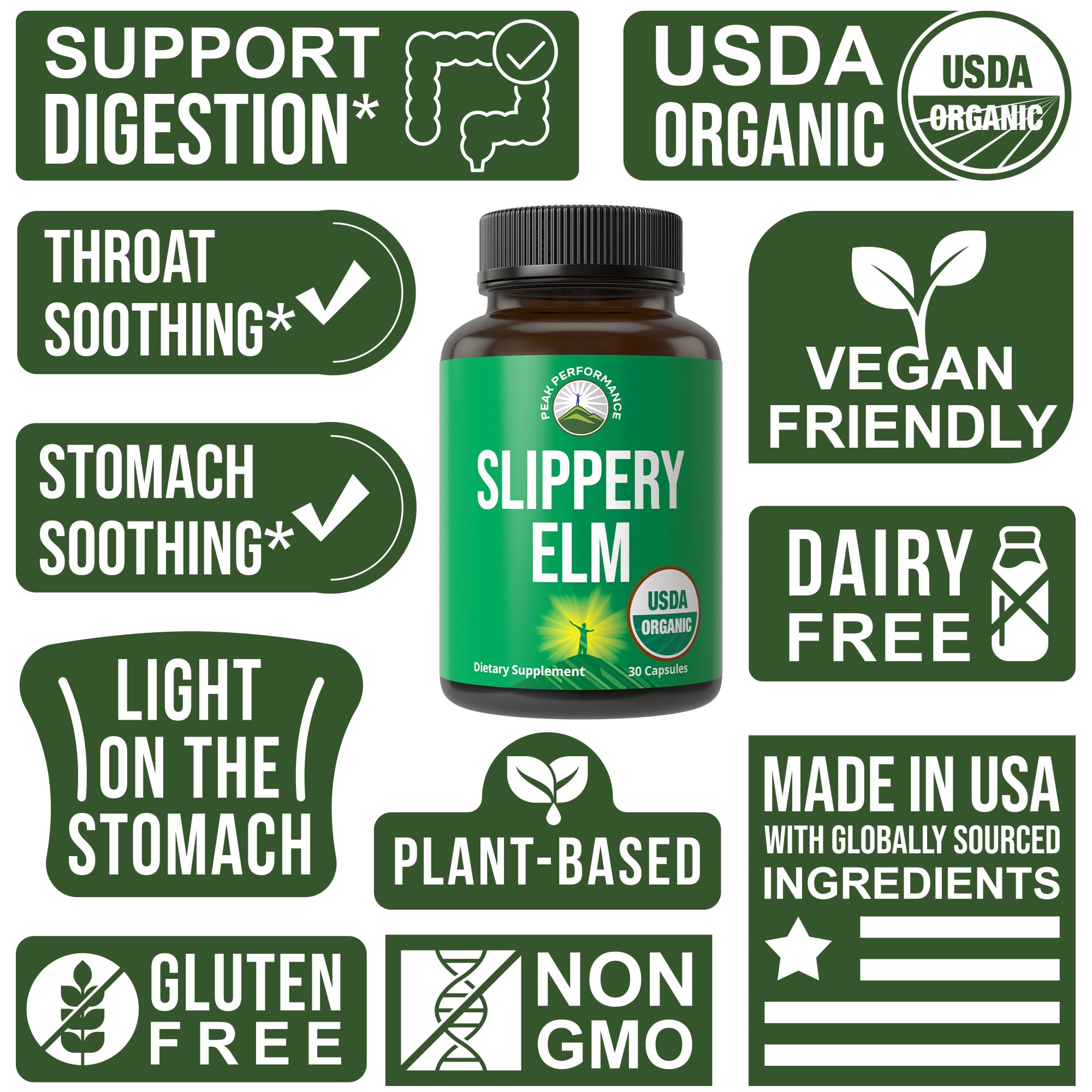 USDA Organic Slippery Elm for Women & Men. Vegan Capsules with Micronized Slippery Elm Bark Powder for Digestion, Bloating Relief, & Gut Lining. Natural Mucilage That Soothes The Throat & Airways Peak Performance Au supplements