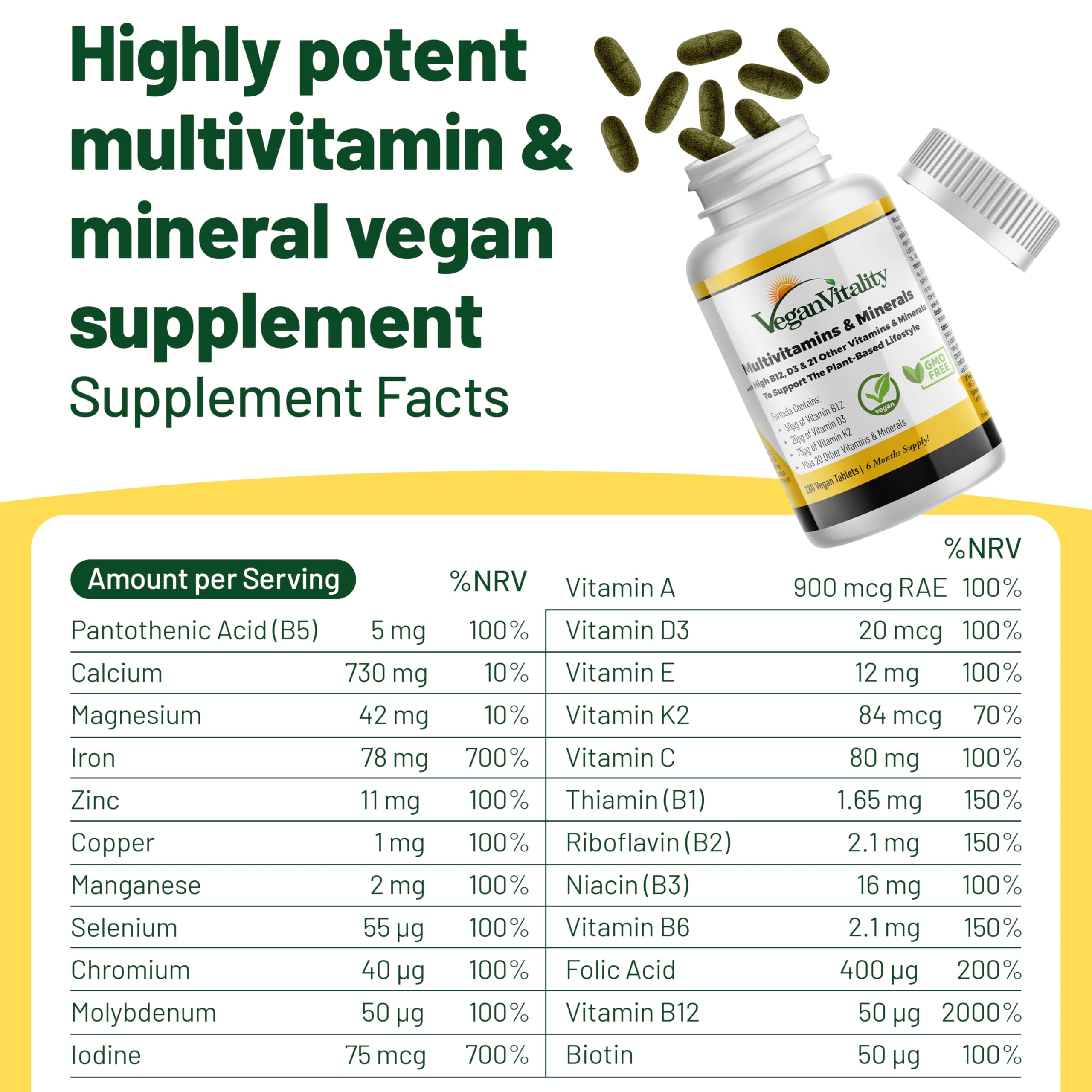 Vegan Vitality Multivitamins & Minerals for Women and Men with High Strength Vitamin B12, D3 & K2. 180 Vegan Multivitamin Tablets - 6 Months Supply