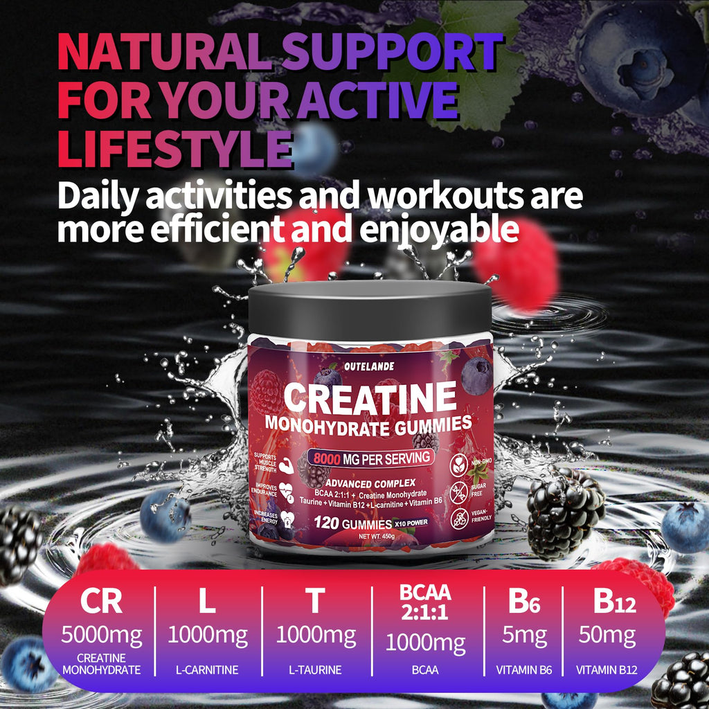 Creatine Monohydrate Gummies 8000 mg for Men & Women, Creatine Supplement for Enhanced Muscle Growth, Energy Boost - with L-Taurine, Sugar Free, Vegan