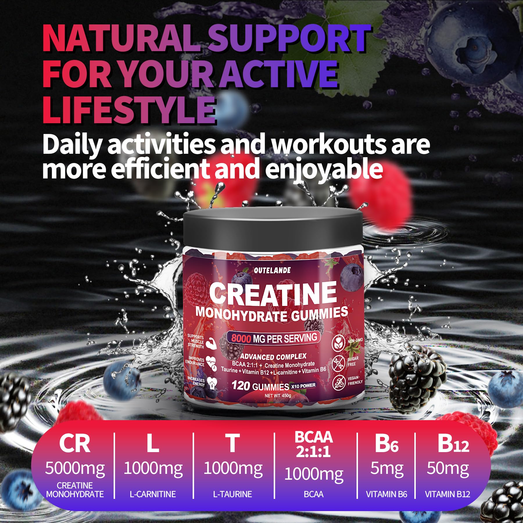 Creatine Monohydrate Gummies 8000 mg for Men & Women, Creatine Supplement for Enhanced Muscle Growth, Energy Boost - with L-Taurine, Sugar Free, Vegan