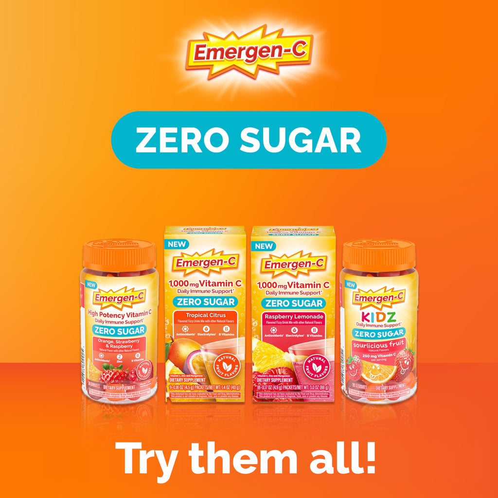 Emergen-C Zero Sugar 1000 mg Vitamin C Powder for Daily Immune Support Caffeine Free Vitamin C Supplements with Zinc and Manganese, B Vitamins and Electrolytes