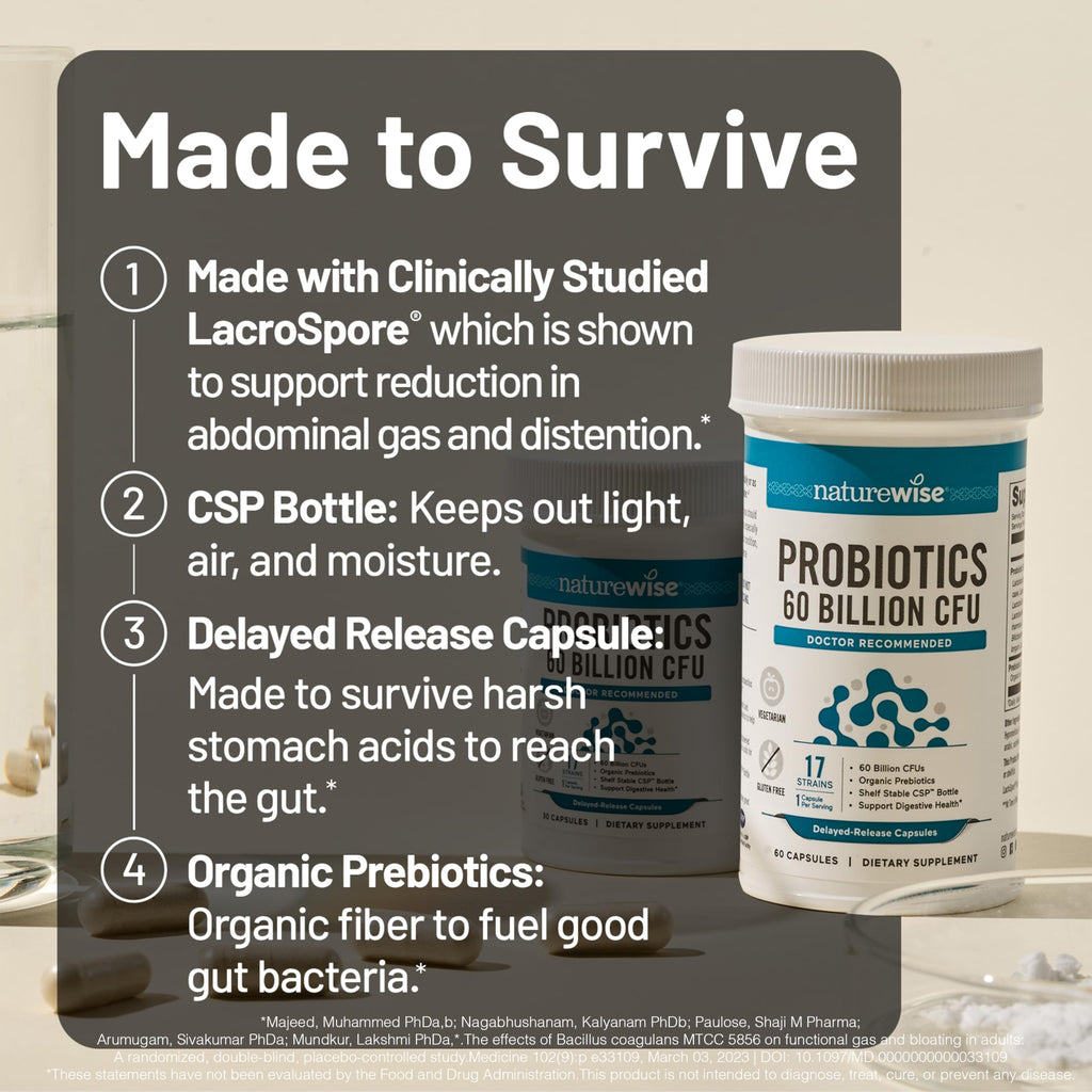 NatureWise Probiotics 60 Billion CFU - 17 Strains + Organic Prebiotics - Immune, Digestive & Gut Health Support for Women & Men - Vegetarian, Gluten-Free, Non-GMO - 30 Capsules[1-Month Supply] NatureWise Au supplements