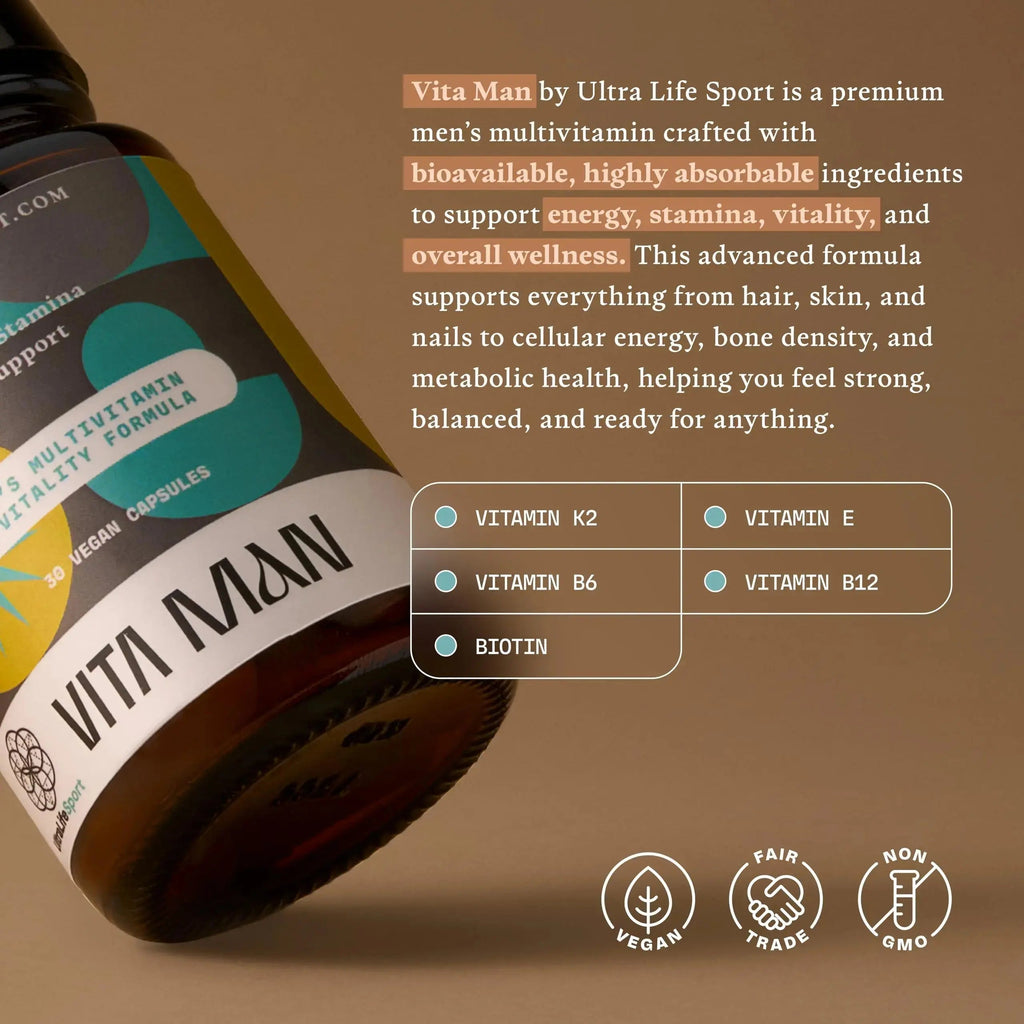 Ultra Life Sport - VITA Man Premium Men's Multivitamin - 30 Capsule Daily Vitamins for Men with Vitamin E, K2 MK-7, and B Vitamins for Maximum Absorption Ultra Life Sport Au supplements