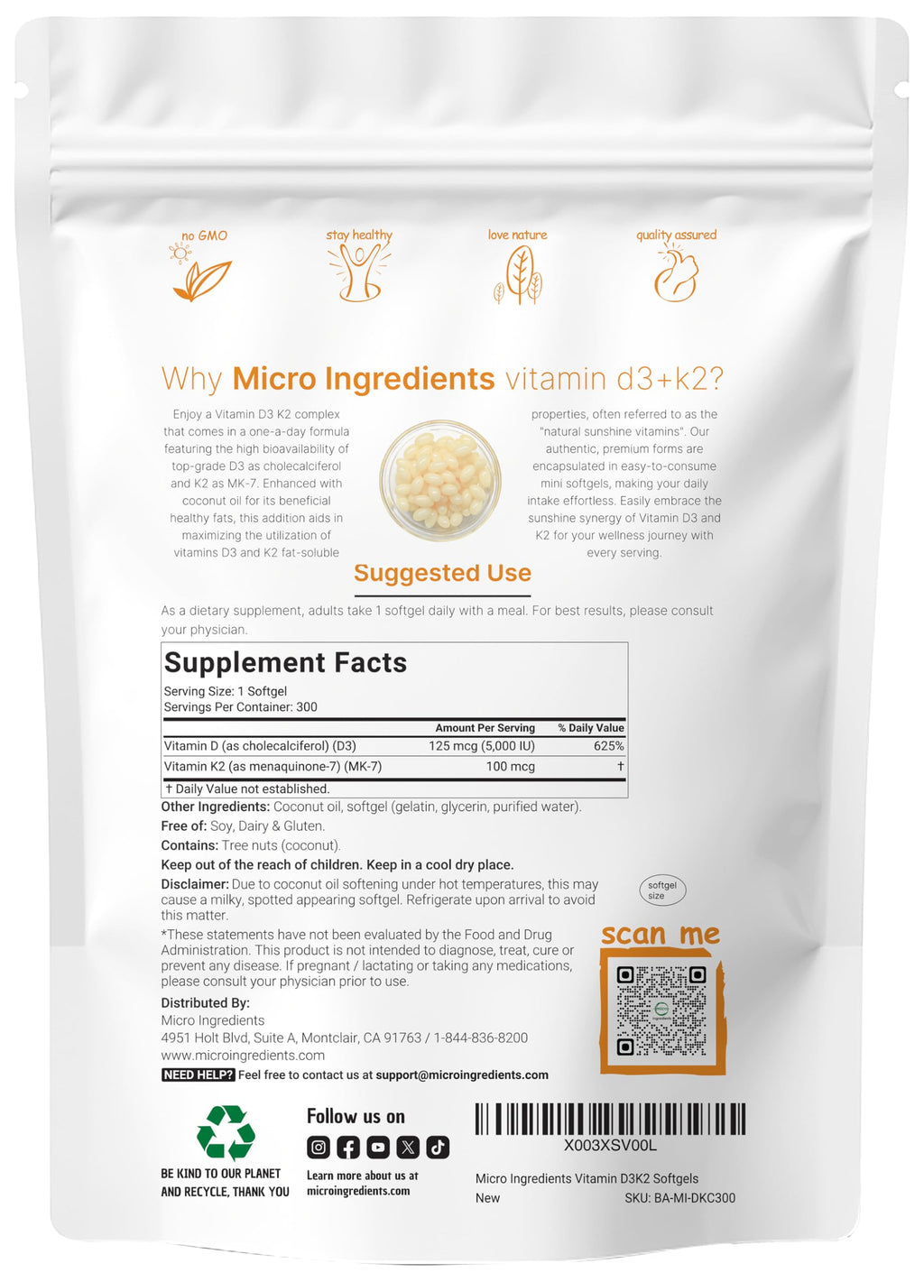 Micro Ingredients Vitamin D3 5,000 IU + K2 MK-7 100 mcg, 300 Softgels | Virgin Coconut Oil | 2-in-1 Support