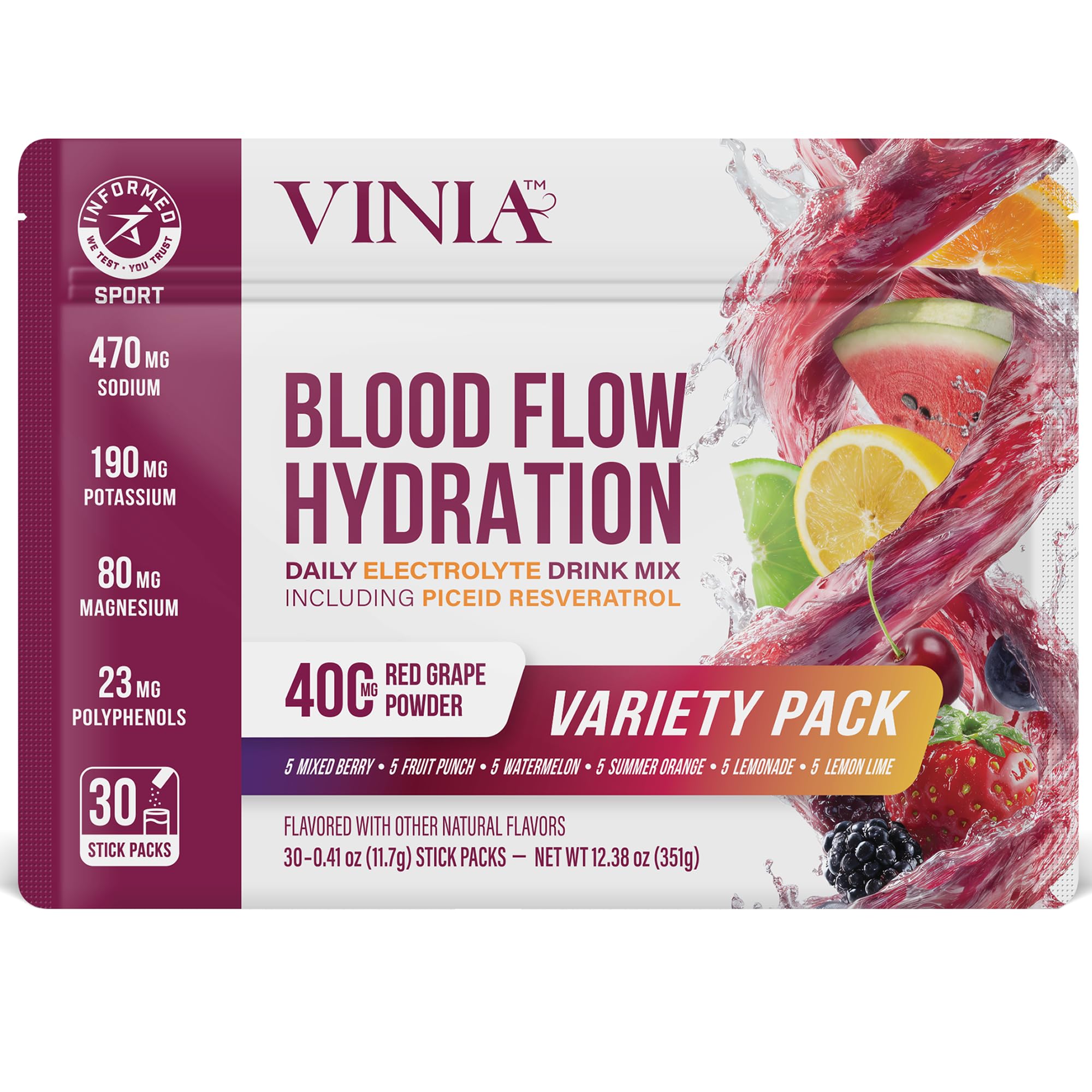 VINIA Resveratrol Electrolyte Hydration Powder Mix | Boost Blood Flow & Circulation | Sea Salt, Coconut Water Potassium