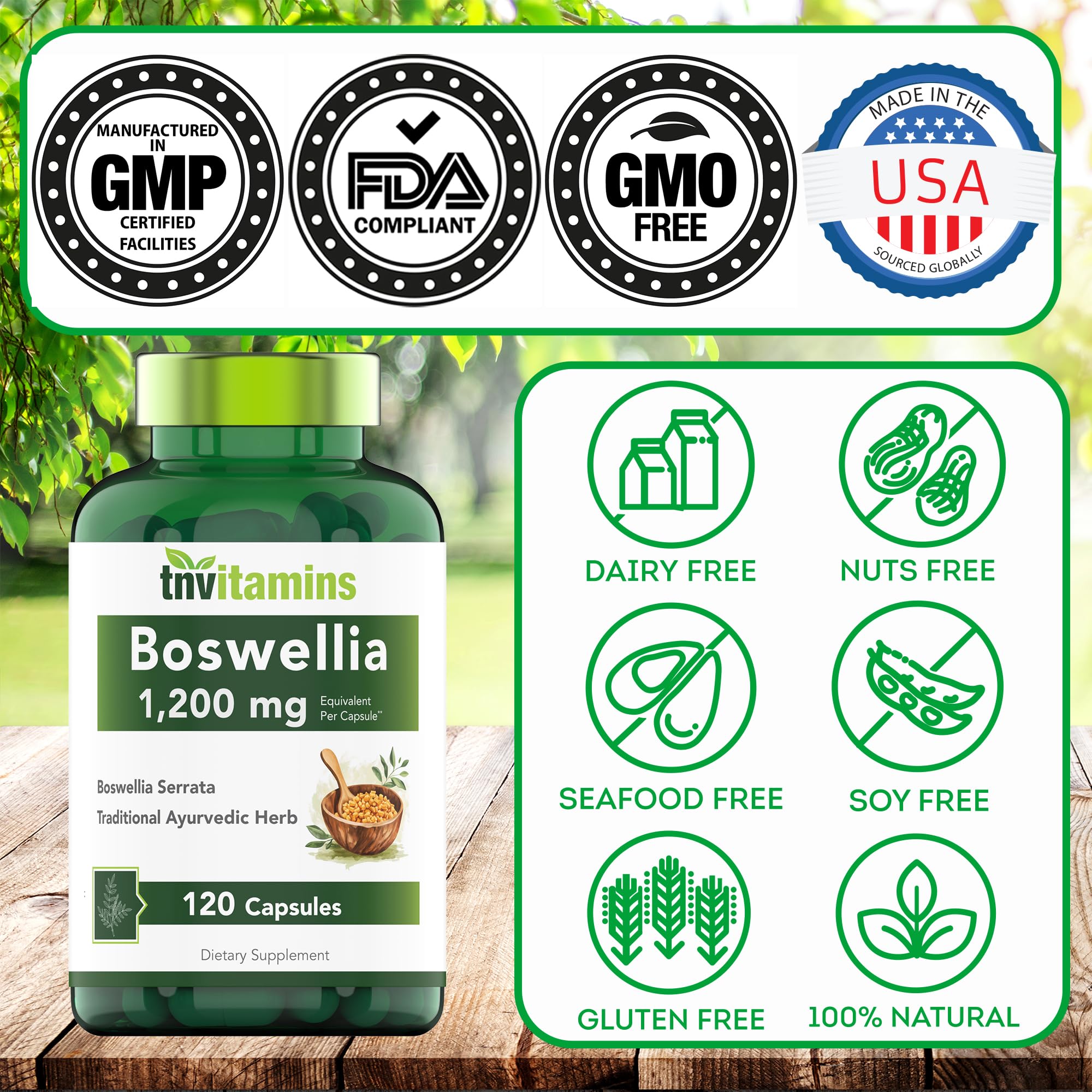 tnvitamins Boswellia Extract Capsules, 120 Count | 1,200 mg Per Capsule | 65% Boswellic Acids + 10:1 Concentrated Extract | Boswellia Serrata