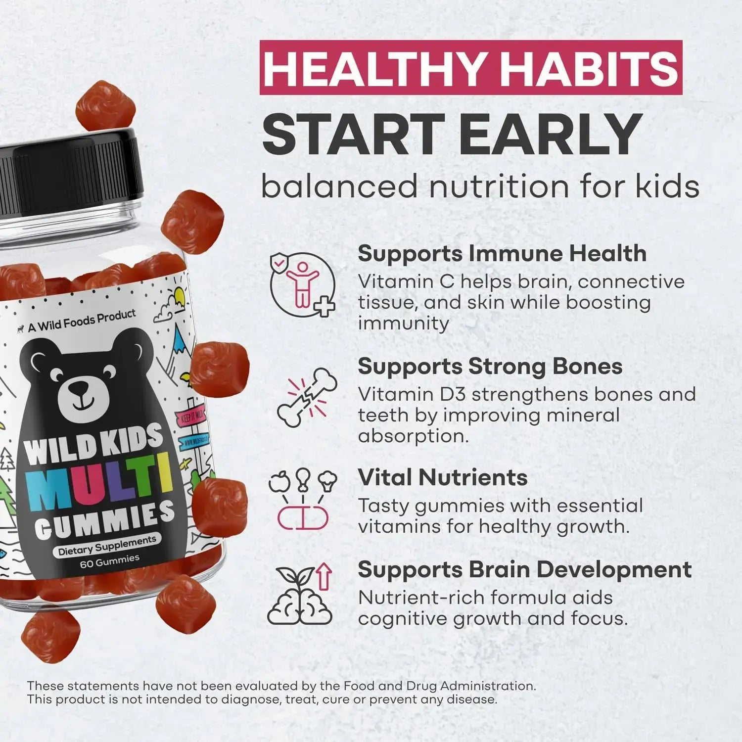 Wild Foods Kids Multivitamin Gummies – Natural Skin, Immune & Bones Support with Kids Vitamins A, C, D, E, B12, Iron & DHA Wild Foods Au supplements