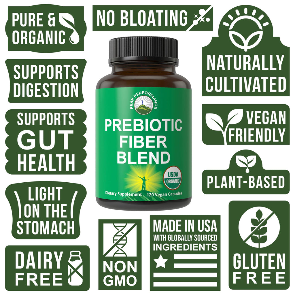 USDA Organic 3-in-1 Prebiotic Fiber - Vegan Capsules for Gut, Digestive Health. Raw Whole Food Plant Based Prebiotics Pills Supplement with Inulin (Jerusalem Artichoke), Acacia Fibers, SunFiber Peak Performance Au supplements