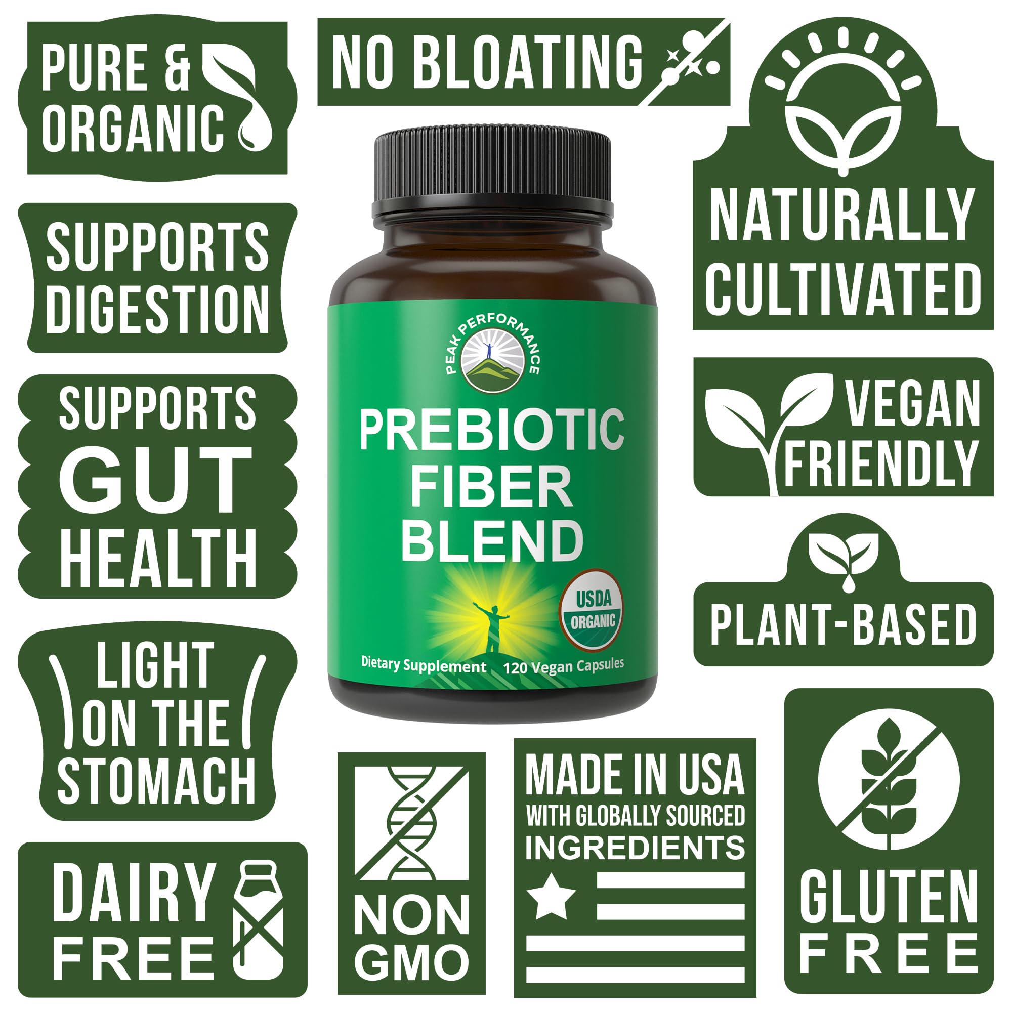 USDA Organic 3-in-1 Prebiotic Fiber - Vegan Capsules for Gut, Digestive Health. Raw Whole Food Plant Based Prebiotics Pills Supplement with Inulin (Jerusalem Artichoke), Acacia Fibers, SunFiber Peak Performance Au supplements