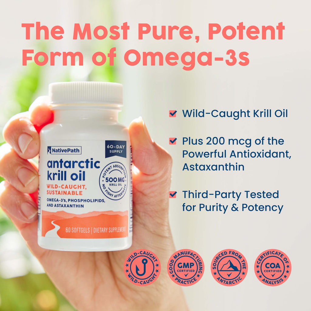 NativePath Antarctic Krill Oil - Wild-Caught Omega 3 Krill Oil 500mg Softgels with EPA, DHA and Astaxanthin - Supplement for Joint, Hear